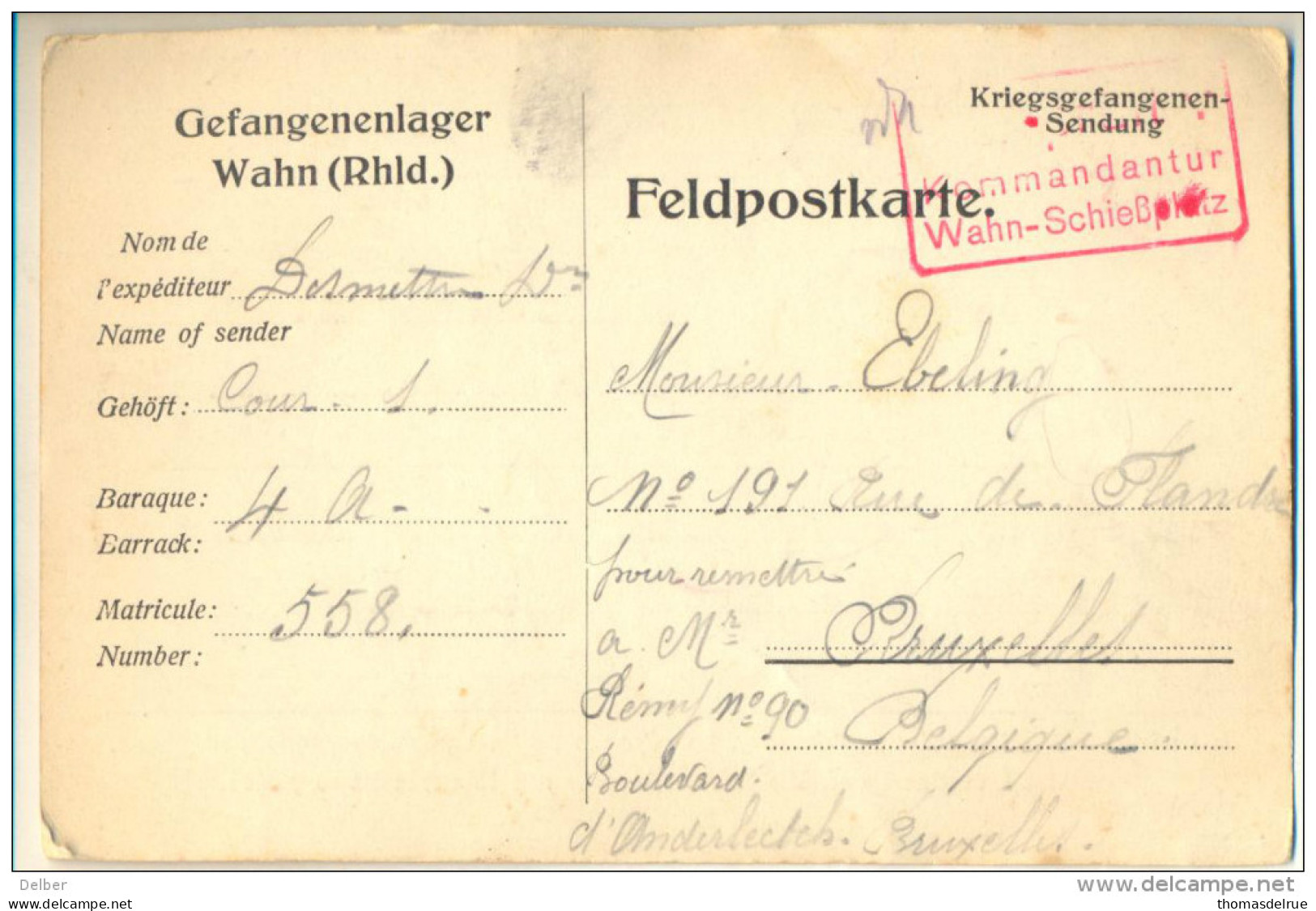 4v826: Postkarte Kriegsgefangene... Pour Remettre à... > Anderlecht Bruxelles - Kriegsgefangenschaft