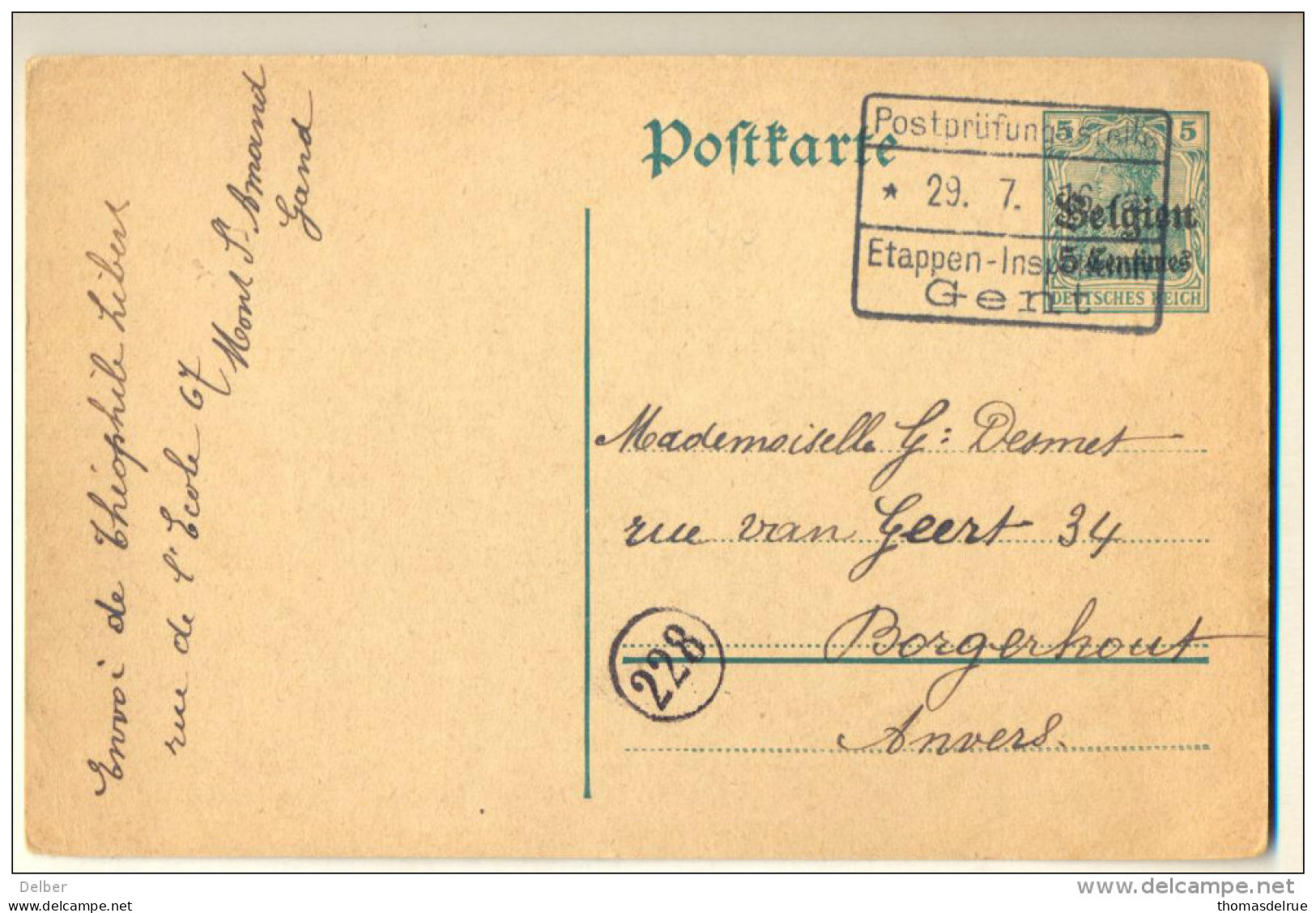 4v829: Postkarte 5Centiemes: Verstuurd UitMONT ST.AMAND  Via Etappen-Inspektion GENT *29.7.16 > Borgerhout - Geencensuur - OC26/37 Territoire Des Etapes