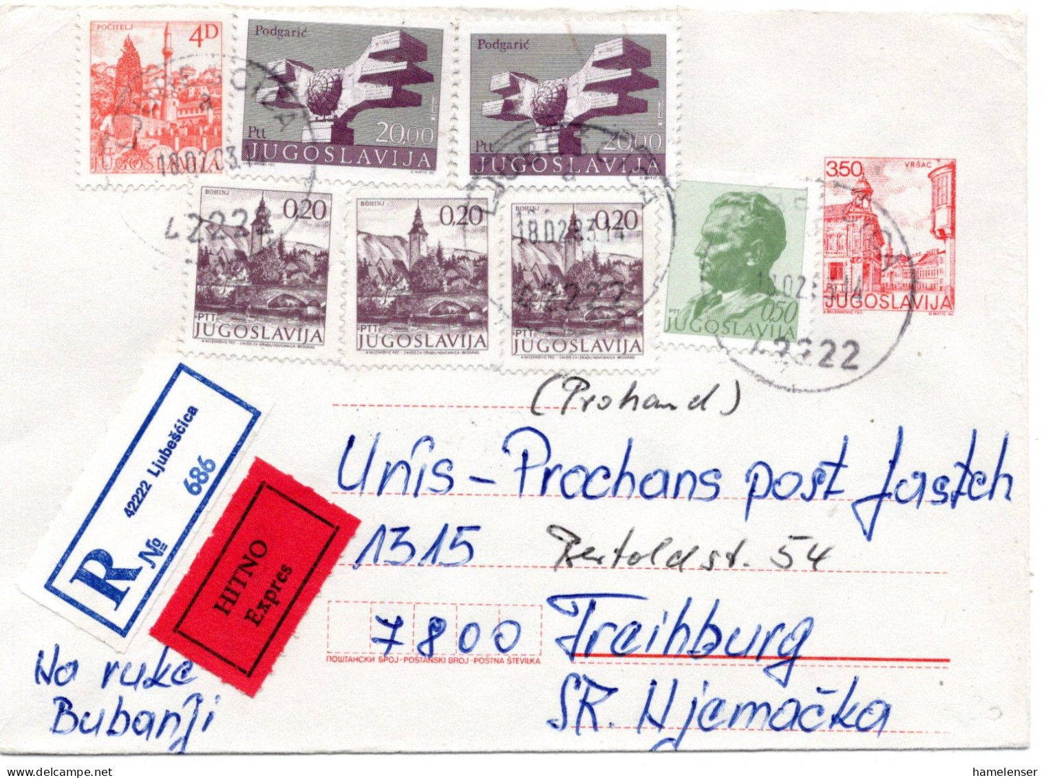 73271 - Jugoslawien - 1983 - 3,50Din GAUmschlag M ZusFrankatur Als R-EilBf LJUBESCICA -> FREIBURG (Westdeutschland) - Lettres & Documents