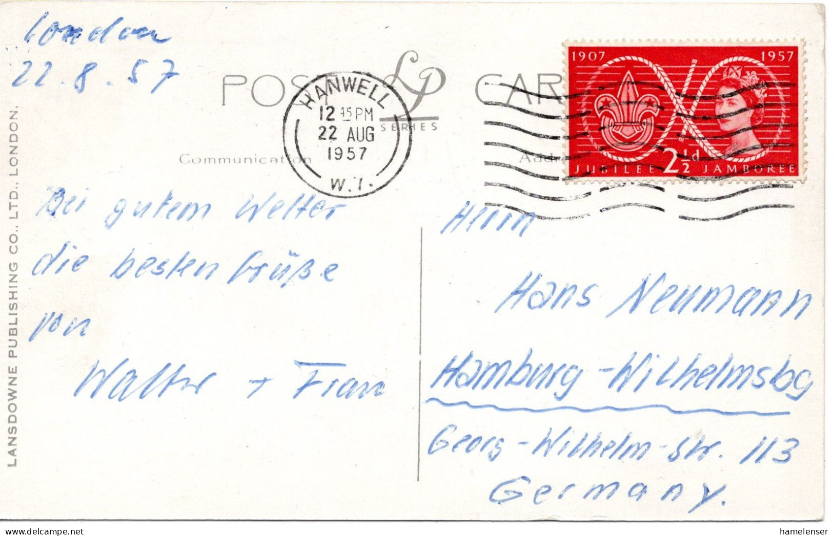 73272 - Grossbritannien - 1957 - 2,5d Jamboree EF A AnsKte HANWELL -> Westdeutschland - Lettres & Documents