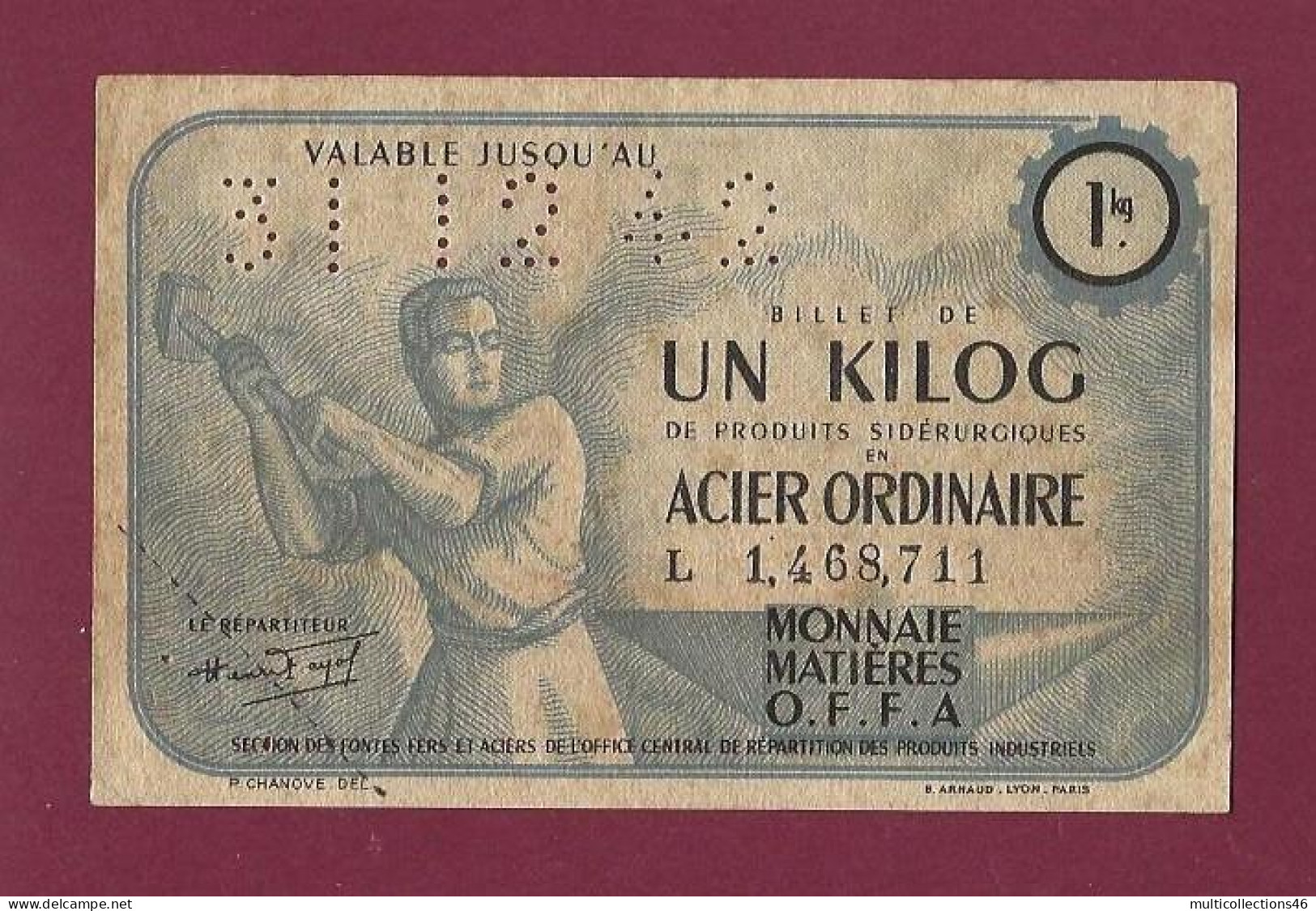 131223 - BILLET DE 1 KILOG PRODUITS SIDERURGIQUES ACIER ORDINAIRE L1468711 OFFA Valable Jusqu'au 31 12 42 - Notgeld