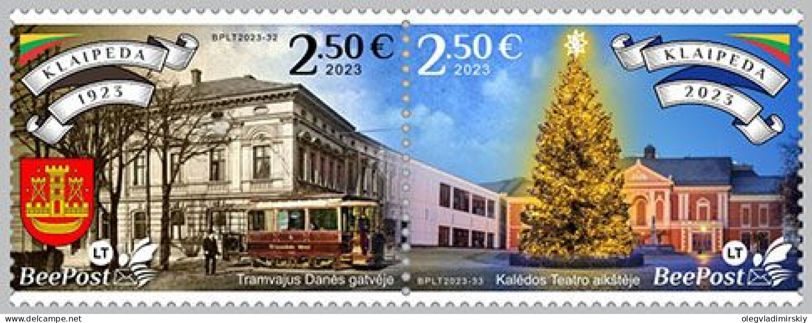 Lithuania Litauen Lituanie 2023 Christmas In Klaipeda Tramway Architecture BeePost Strip Of 2 Stamps MNH - Tranvie