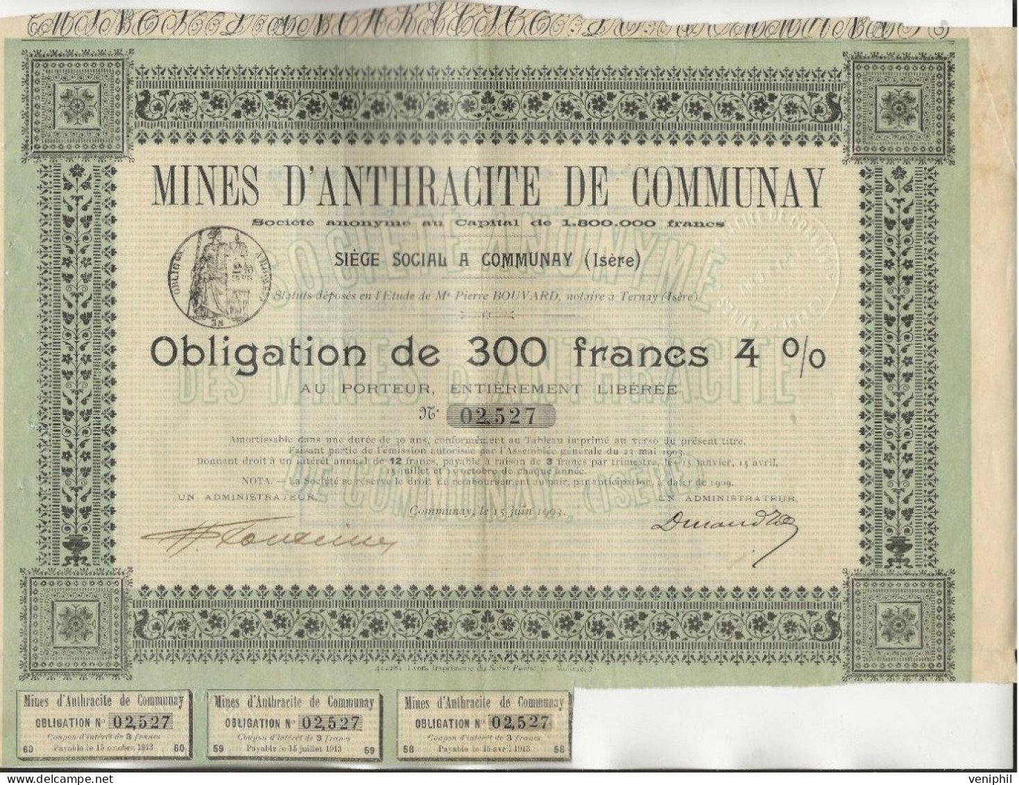 MINES D'ANTHRACITE DE COMMUNAY - ISERE - RARE OBLIGATION DE 300 FRANCS  4 % - ANNEE 1903 - Mijnen