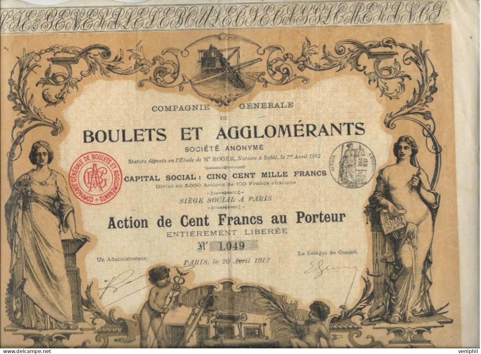 COMPAGNIE GENERALE DE BOULETS ET AGGLOMERANTS - TB ACTION ILLUSTREE DE CENT FRANCS  -ANNEE 1912 - Miniere