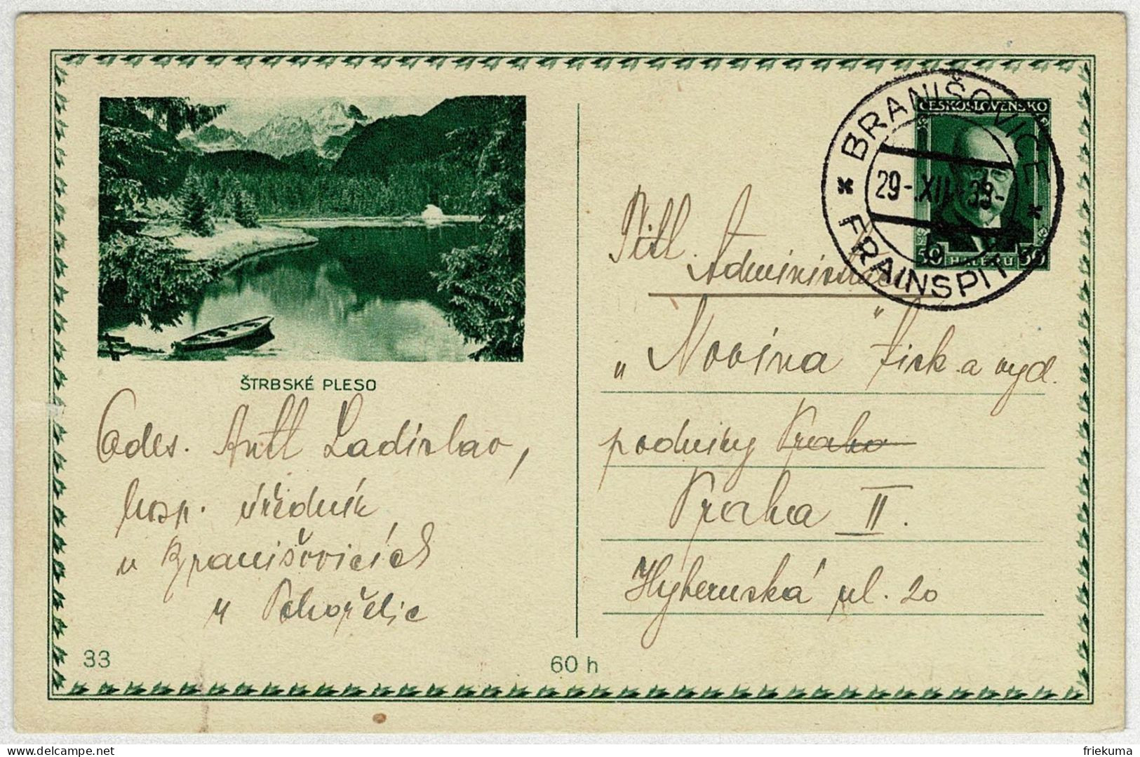 Tschechoslowakei / Ceskoslovensko 1933, Ganzsachen-Bildpostkarte Strbské Pleso Branisovice - Praha - Postales