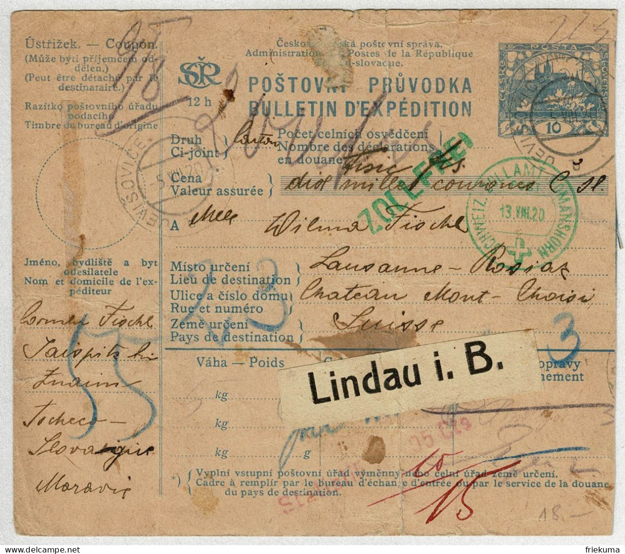 Tschechoslowakei / Ceskoslovensko 1920, Paketkarte Montchoisi Lausanne (Schweiz), Etikette Lindau, Hof, Zoll Romanshorn - Ohne Zuordnung