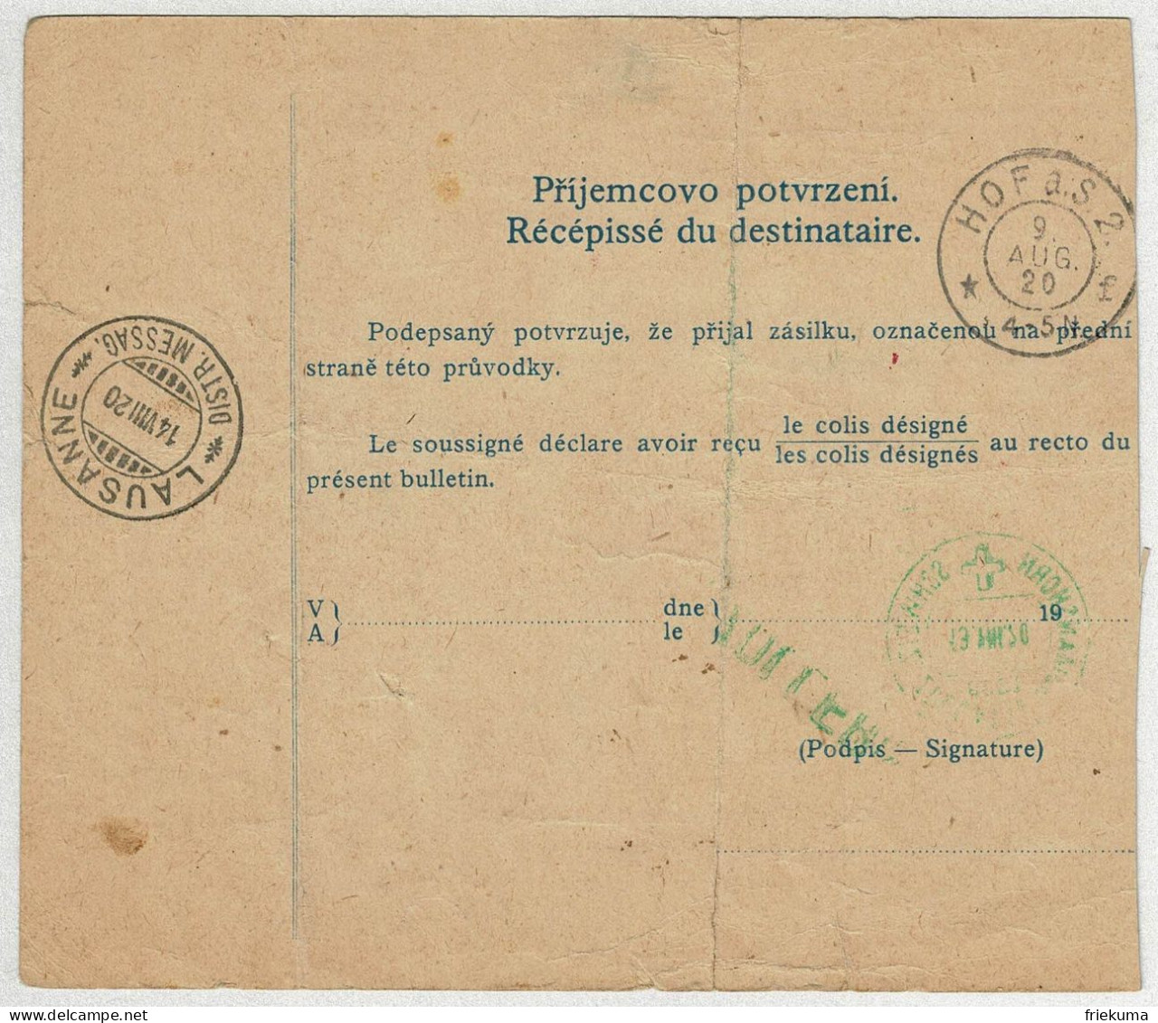 Tschechoslowakei / Ceskoslovensko 1920, Paketkarte Montchoisi Lausanne (Schweiz), Etikette Lindau, Hof, Zoll Romanshorn - Ohne Zuordnung