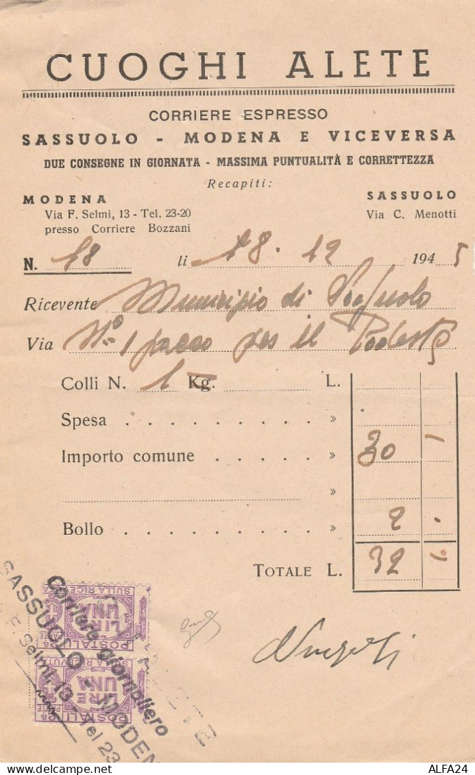 BOLLETTINO CONSEGNA CON 2X1 L. PACCHI POSTALI - 1945 (Z2001 - Paquetes Postales