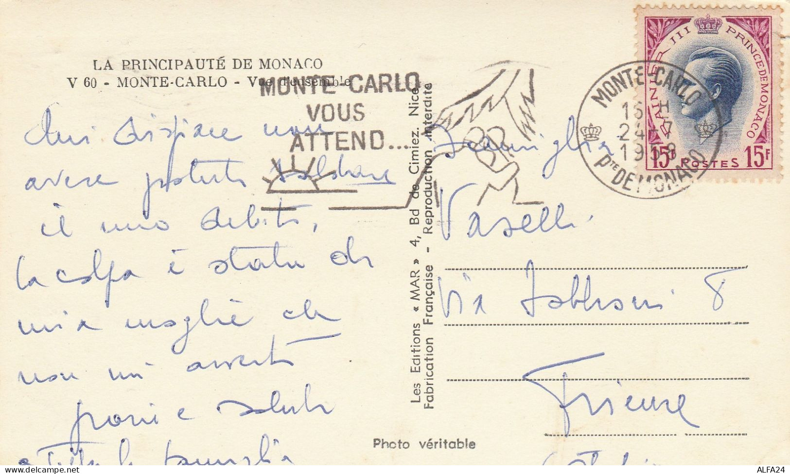 CARTOLINA 1958 DA PRINCIPATO MONACO PER FIRENZE TIMBRO MONTE CARLO - FIRENZE (Z1829 - Briefe U. Dokumente