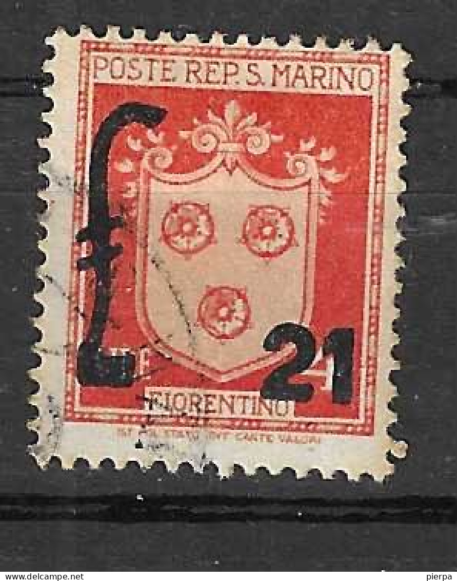 SAN MARINO - 1947 - STEMMA SOPRASTAMPATO - L.21/L.4 - USATO (YVERT 288 - MICHEL 377- SS 311) - Gebruikt