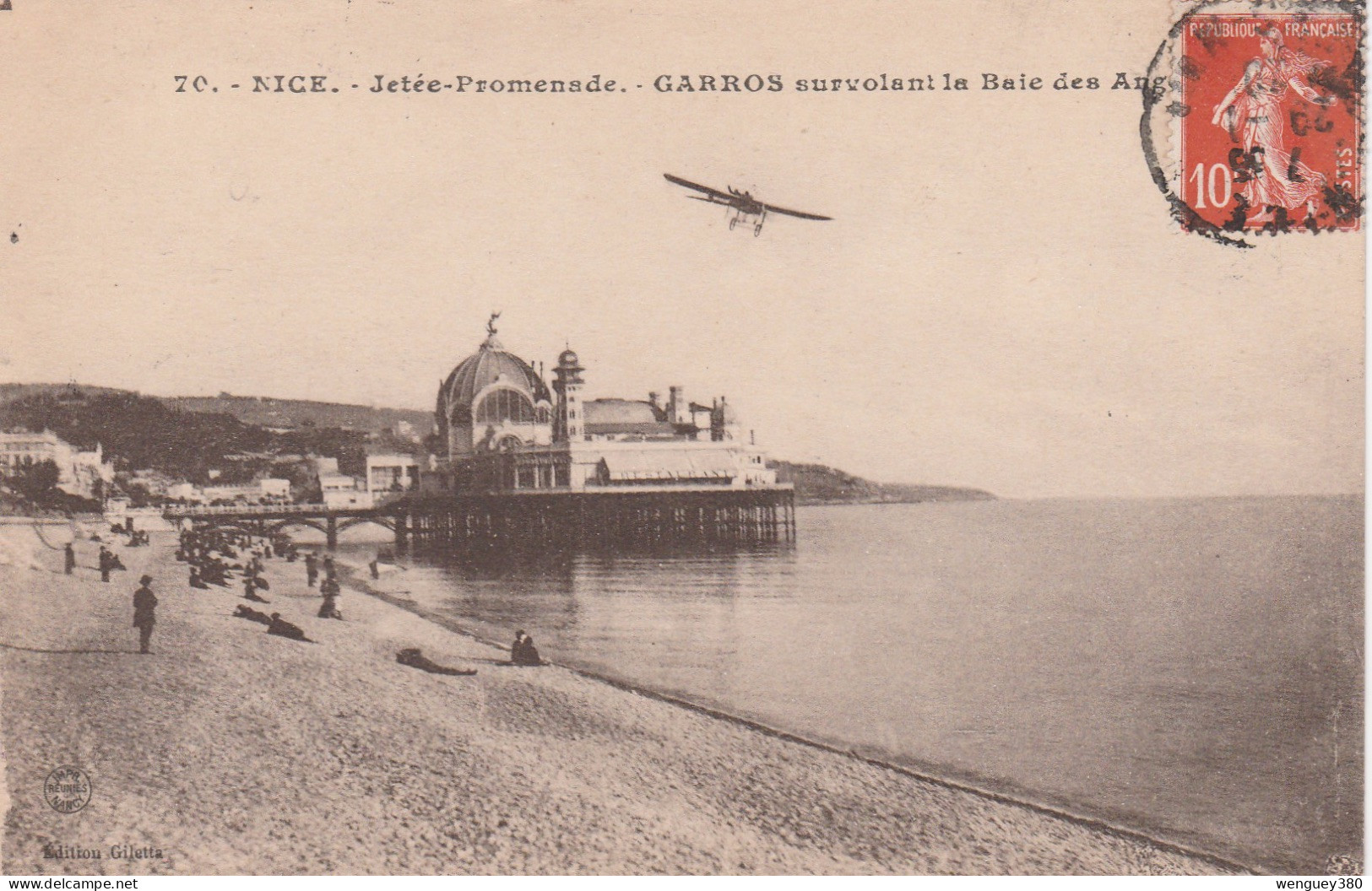 06 NICE  Jetée Promenade    GARROS Survolant La Baie Des Anges       SUP PLAN  1918      RARE - Luchtvaart - Luchthaven