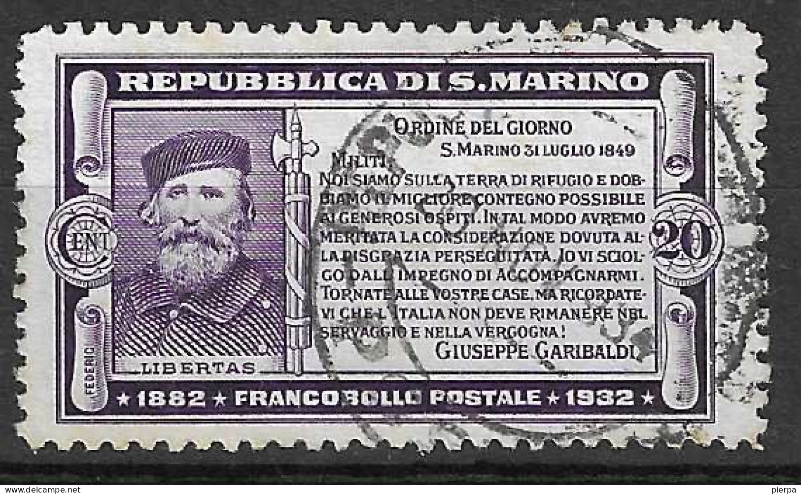 SAN MARINO - 1932 - GARIBALDI - C.20 - USATO (YVERT 169 - MICHEL 185- SS 169) - Oblitérés