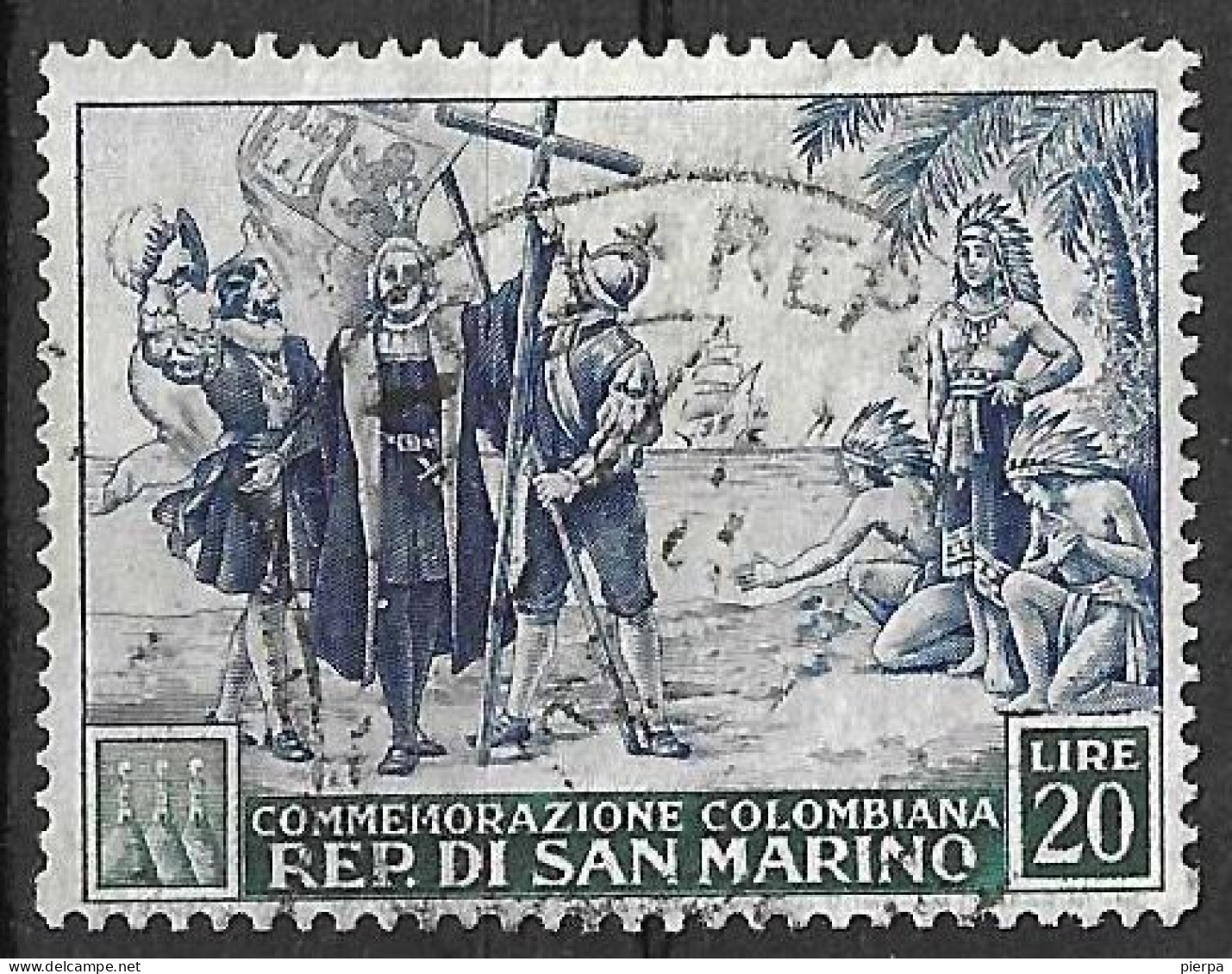 SAN MARINO - 1952 - COLOMBO - LIRE 20 - USATO (YVERT 353 - MICHEL 471- SS 379) - Usati