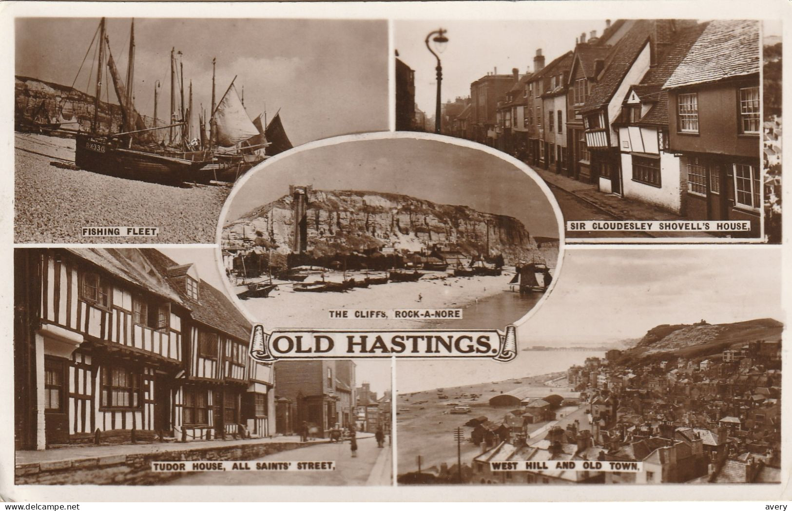 Old Hastings, East Sussex, England  R. P. P. C. Fishing Fleet The Cliffs, Rock-a-Nore Tudor House Shovell's House - Hastings