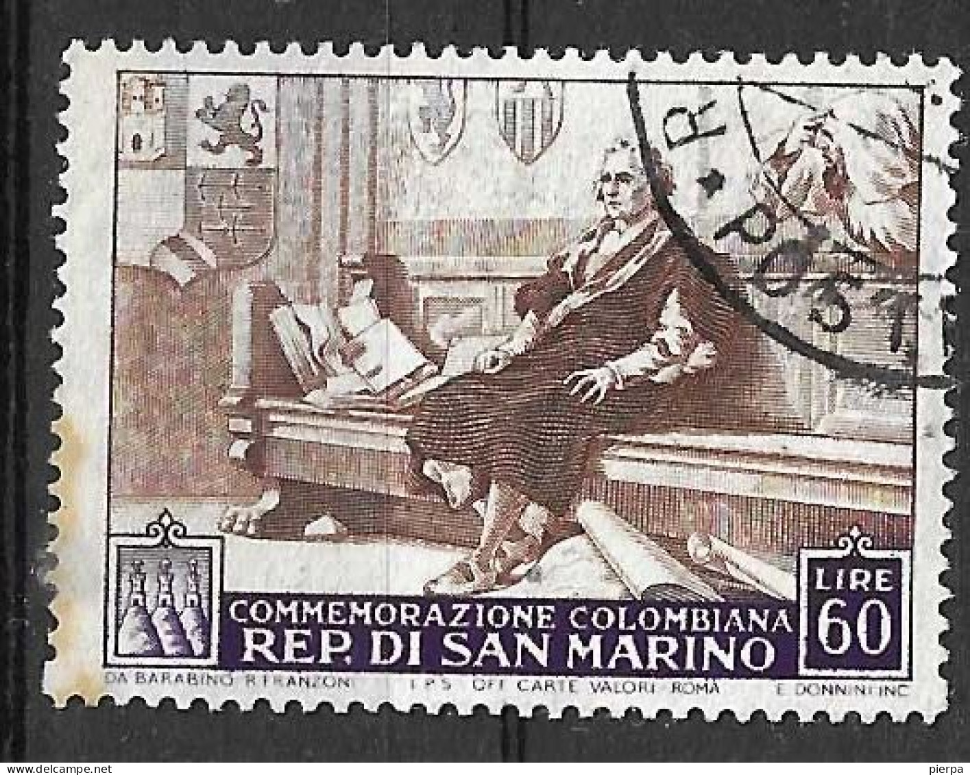 SAN MARINO - 1952 - COLOMBO - LIRE 60 - USATO (YVERT 355 - MICHEL 473- SS 381) - Used Stamps