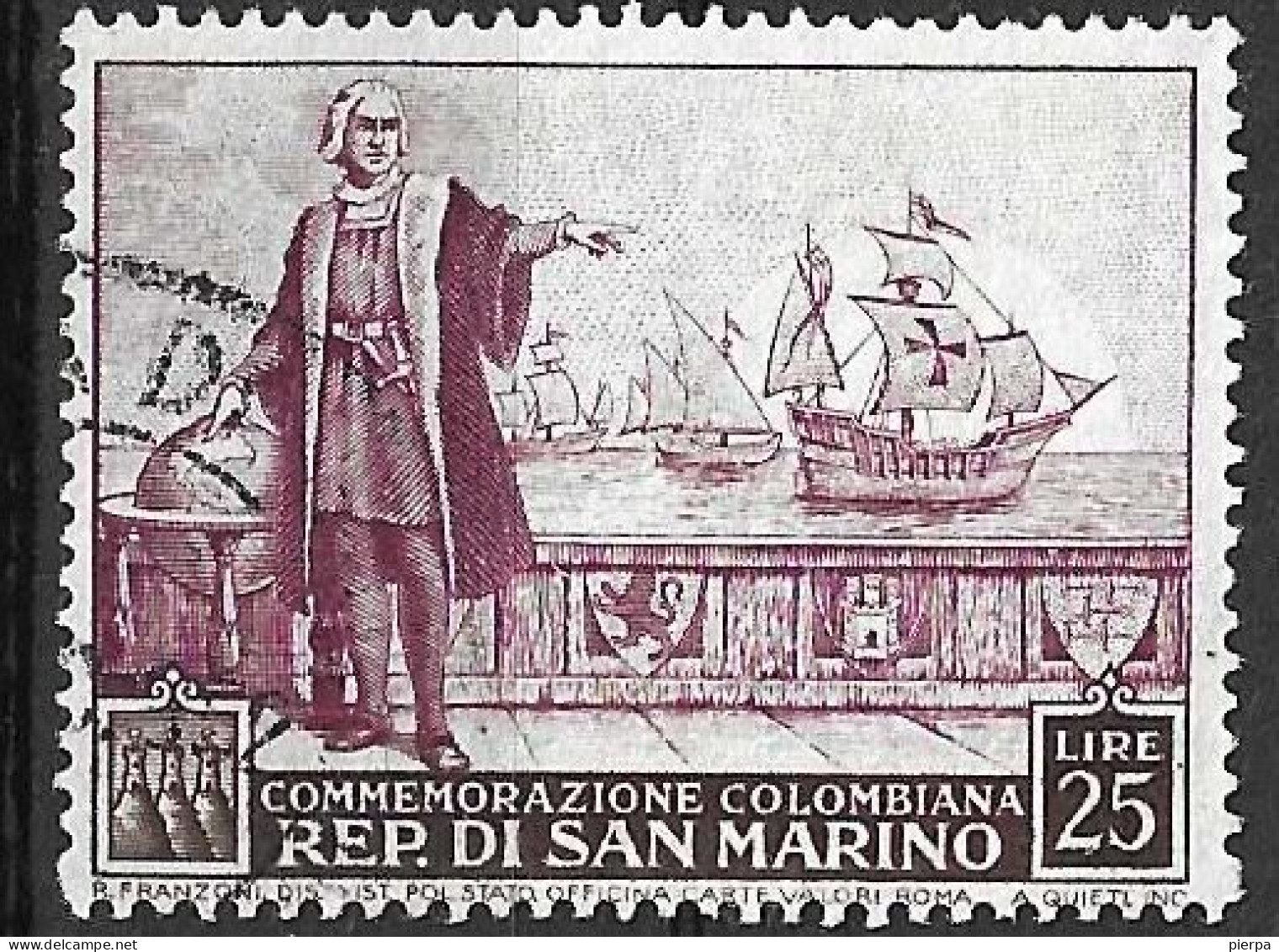 SAN MARINO - 1952 - COLOMBO - LIRE 25 - USATO (YVERT 354 - MICHEL 472- SS 380) - Used Stamps