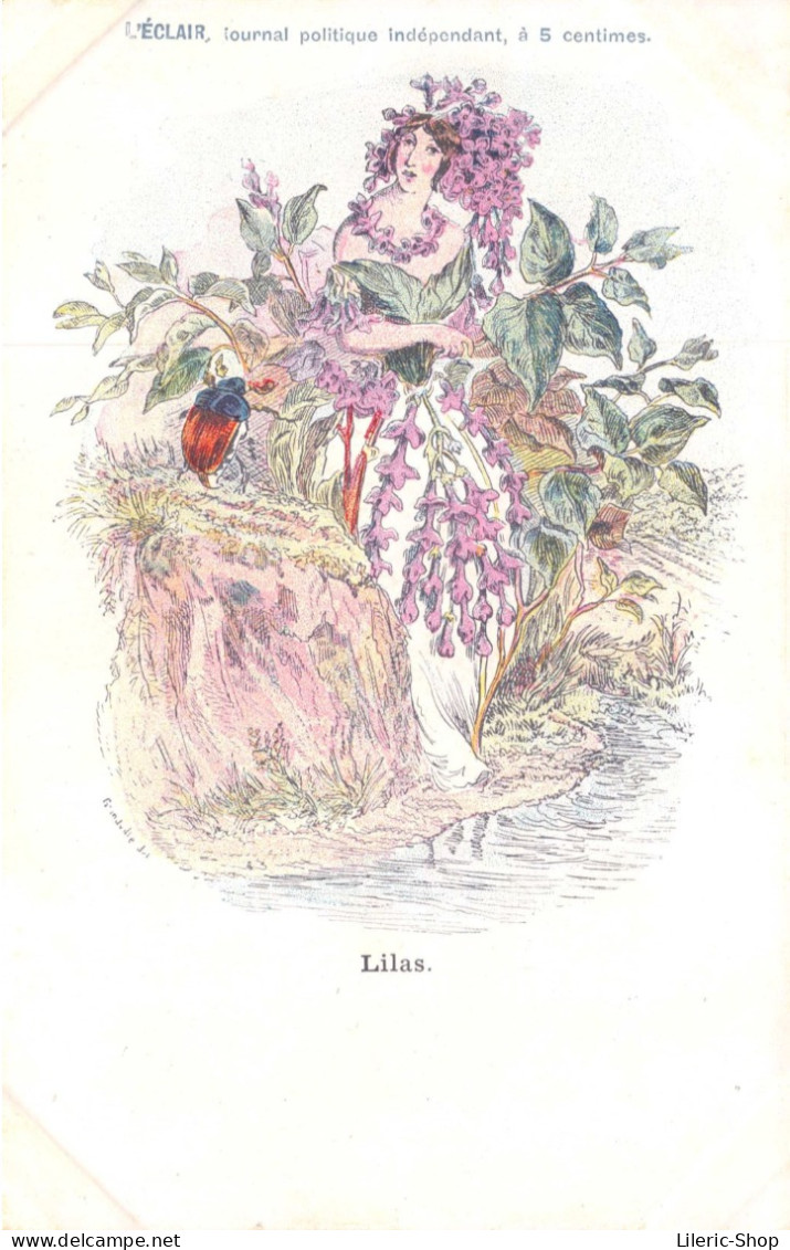 Publicité L'ECLAIR, Journal Politique - Fleur Humanisée - Femme - "Lilas" Signé Grandville  CPR - Reclame