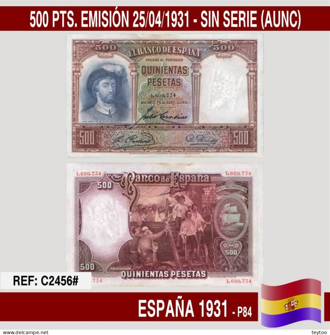 C2456# España 1931. 500 Pts. II REPÚBLICA (AUNC) - 50 Pesetas