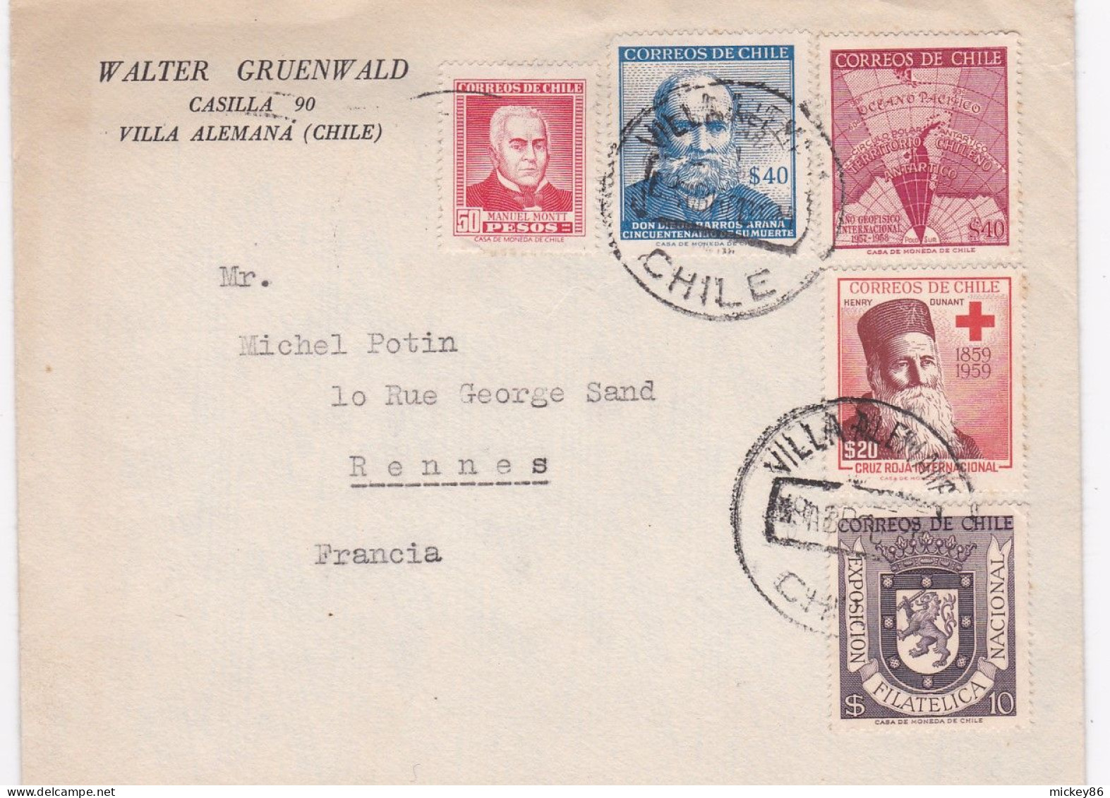 CHILI-1960--Lettre VILLA ALEMANA Pour RENNES (France)- Belle Composition De Timbres Sur Lettre..cachets..courrier Inclus - Cile