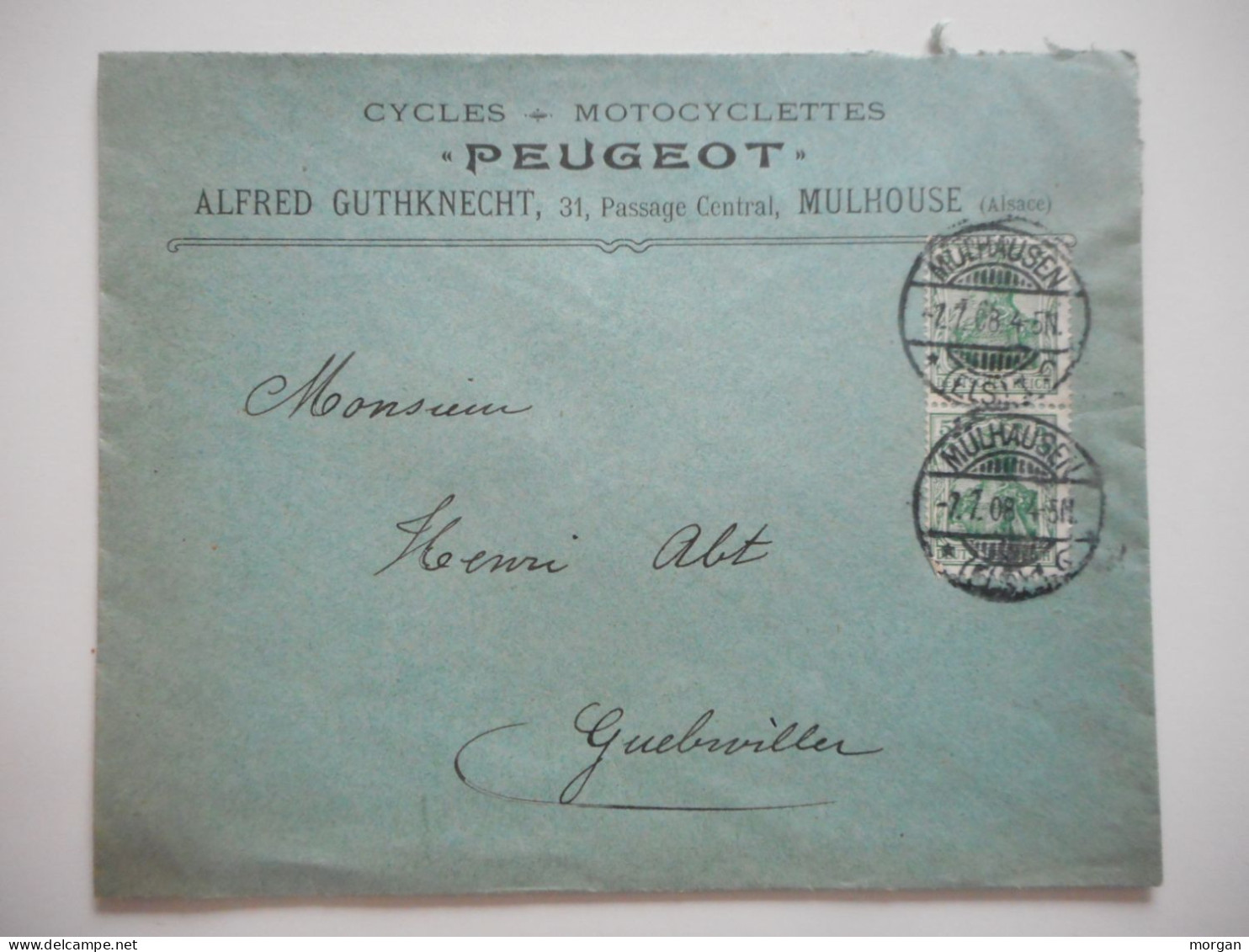 PEUGEOT, ENVELOPPE CYCLES MOTOCYCLETTES MULHOUSE POUR GUEBWILLER COMMERCIALE 1908 PEUGEOT - Collections (sans Albums)