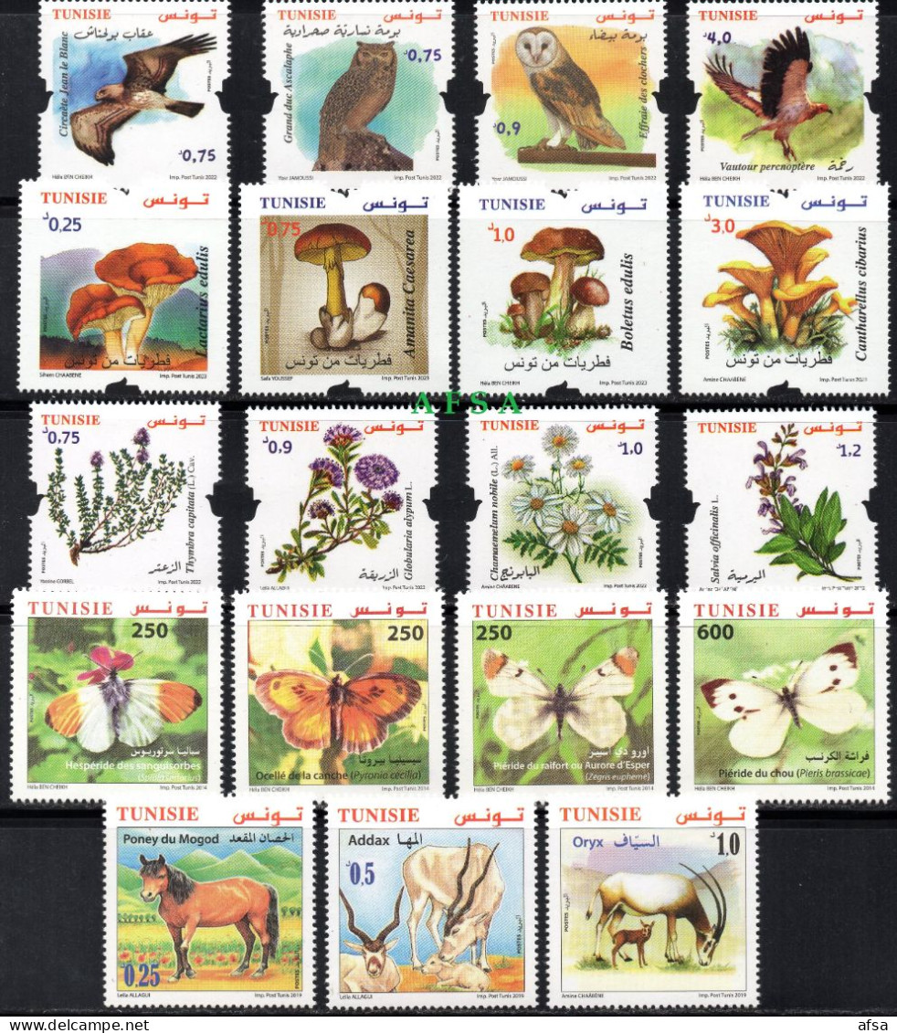 Tunisia:Birds 2022-mushrooms 2023-medicinal Plants 2022-butterflies 2014-fauna 2019 (full Sets) MNH** - Mezclas (max 999 Sellos)