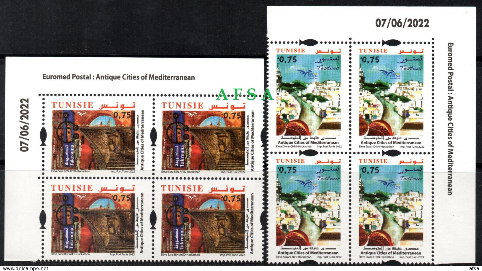 Euromed Postal -Tunisia 2022 : Antique Cities Of Mediterranean Testour –Takrouna (bloc De 4 + Coin Daté) - Gezamelijke Uitgaven