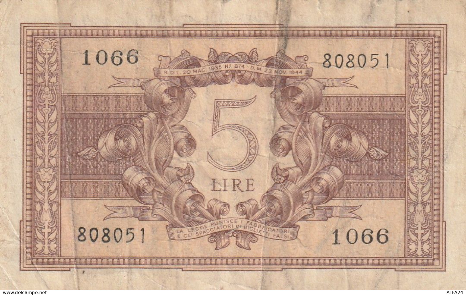 BIGLIETTO DI STATO LIRE 5 VF (ZK1775 - Italia – 5 Lire