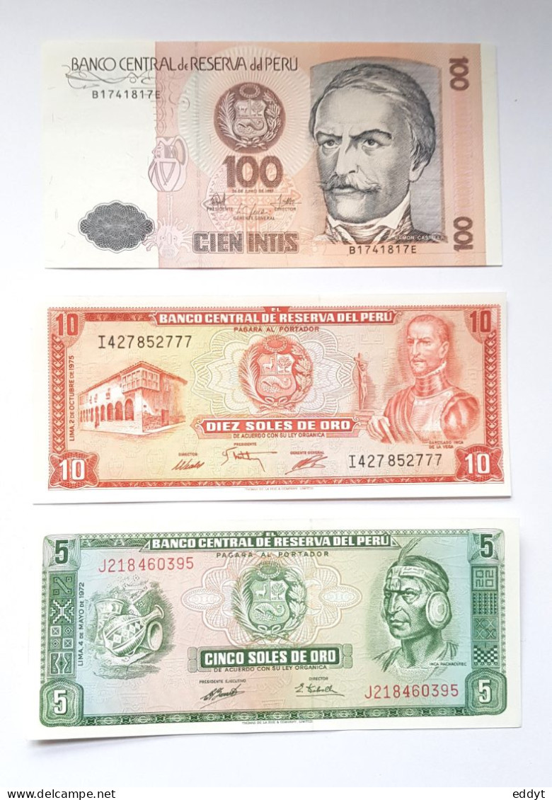 3 BILLETS Du PEROU - 100 Cien Intis / 10 Diez Soles De Ord / 5 Cinco Soles De Ord  - NEUFS - Perú