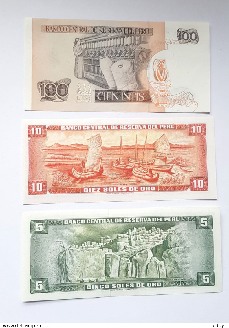 3 BILLETS Du PEROU - 100 Cien Intis / 10 Diez Soles De Ord / 5 Cinco Soles De Ord  - NEUFS - Perú