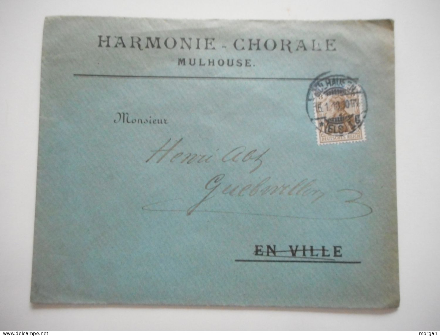 ENVELOPPE MULHOUSE POUR GUEBWILLER , COMMERCIALE 1910 HARMONIE CHORALE MULHOUSE - Collections (sans Albums)