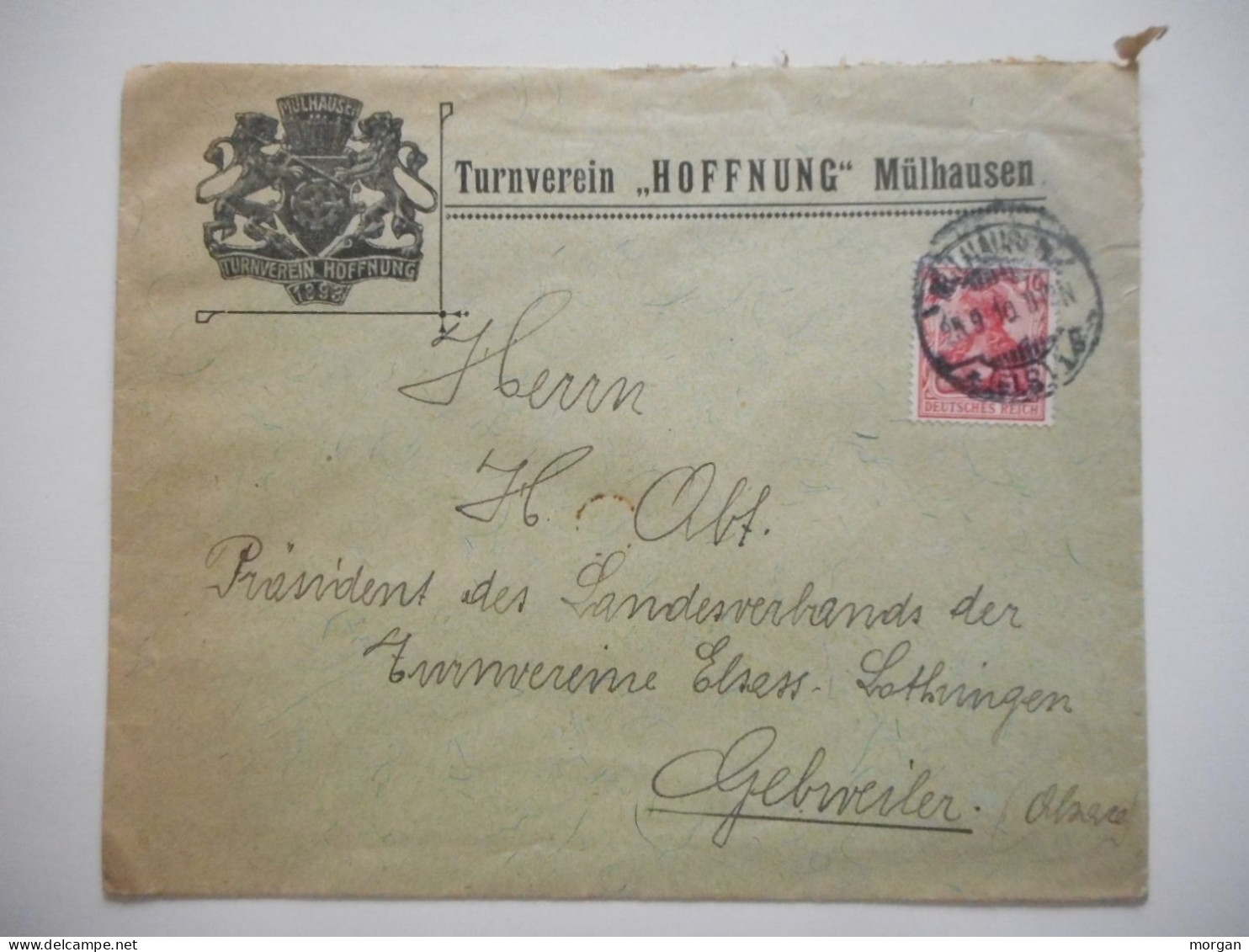 ENVELOPPE MULHOUSE POUR GUEBWILLER , COMMERCIALE 1910 TURNVEREIN HOFFNUNG MULHAUSEN - Collections (sans Albums)