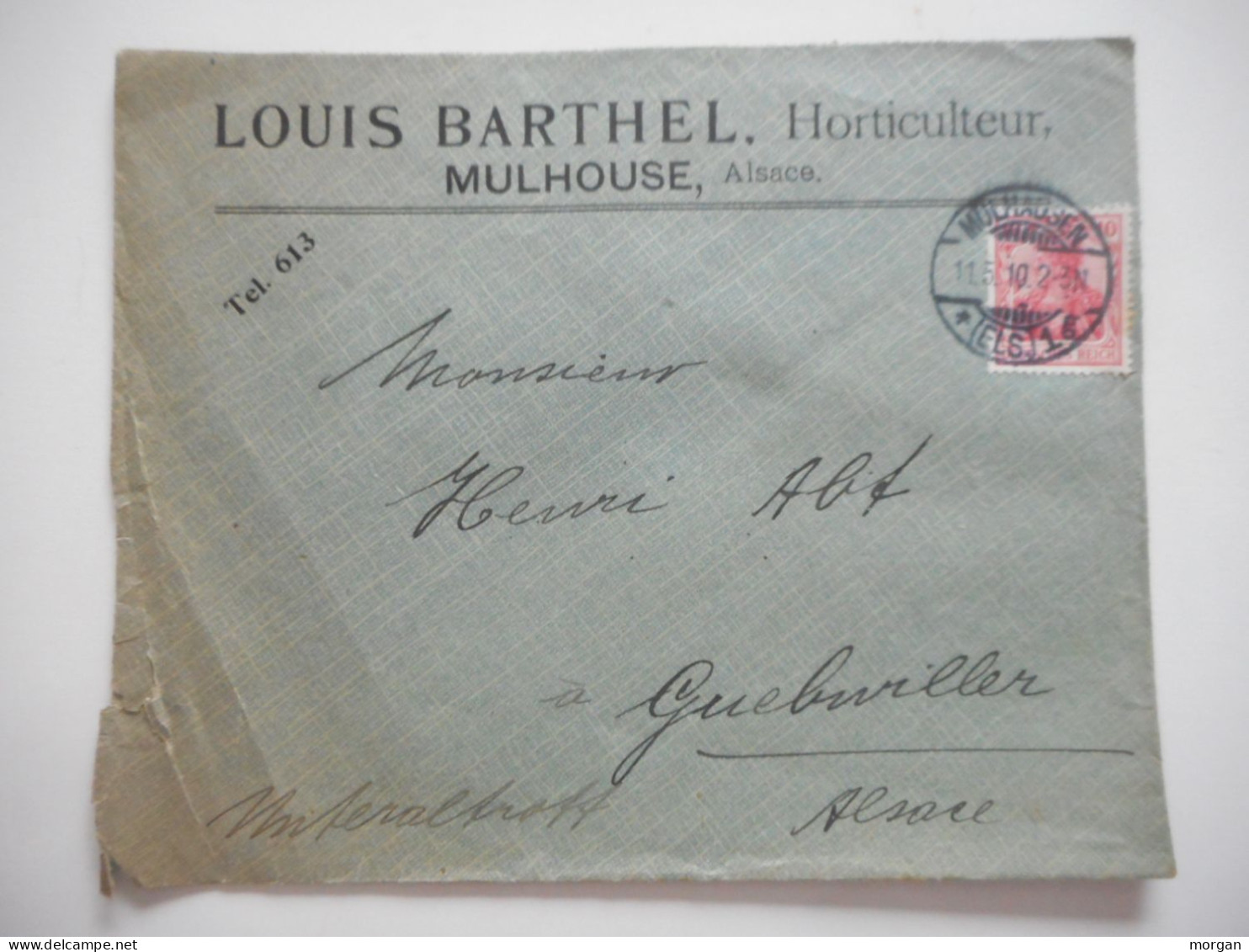ENVELOPPE MULHOUSE POUR GUEBWILLER , COMMERCIALE 1910 HORTICULTURE LOUIS BARTHEL - Collections (sans Albums)
