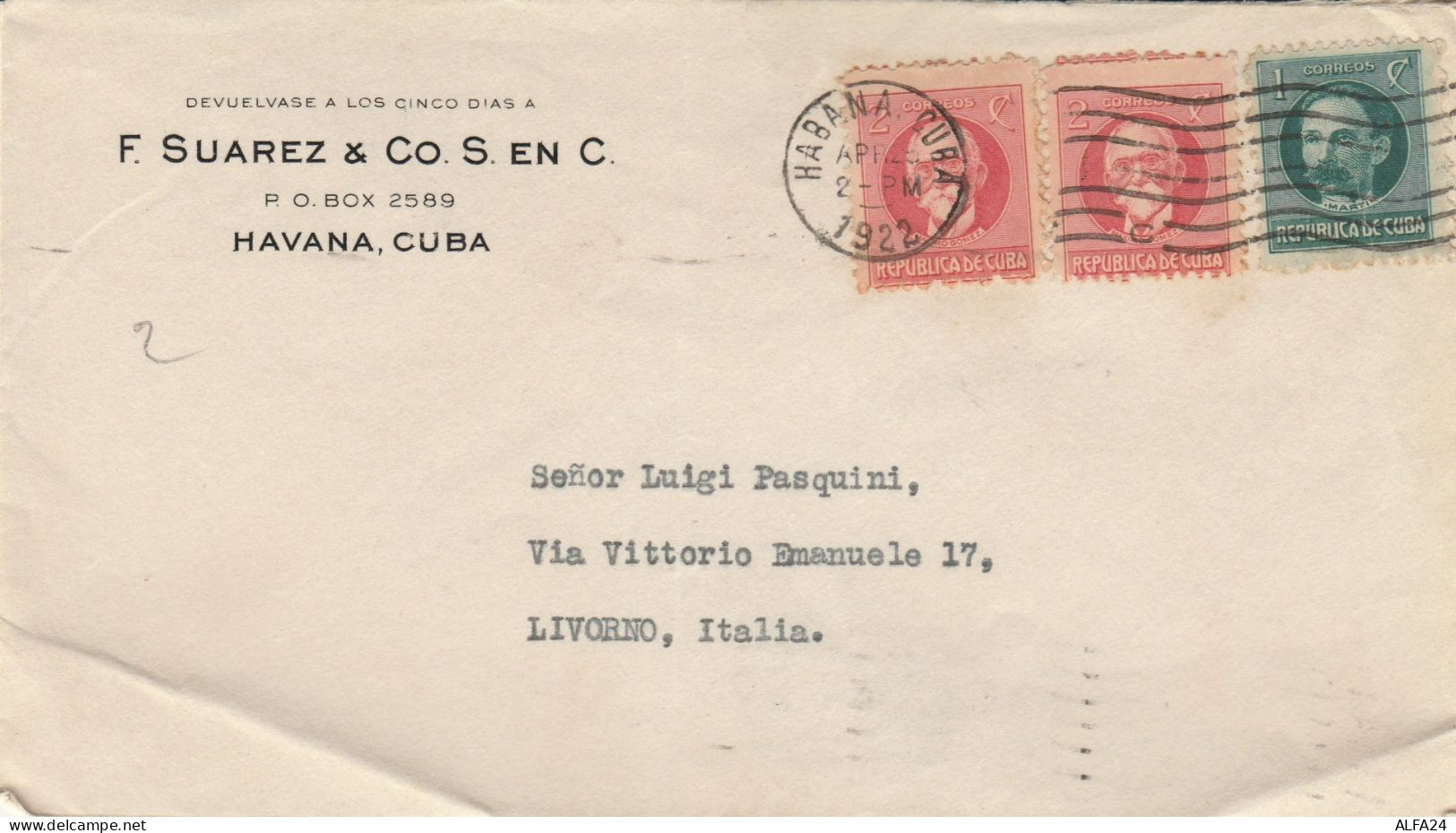 LETTERA 1922 F.SUAREZ-CUBA TIMBRO HABANA (ZX238 - Briefe U. Dokumente