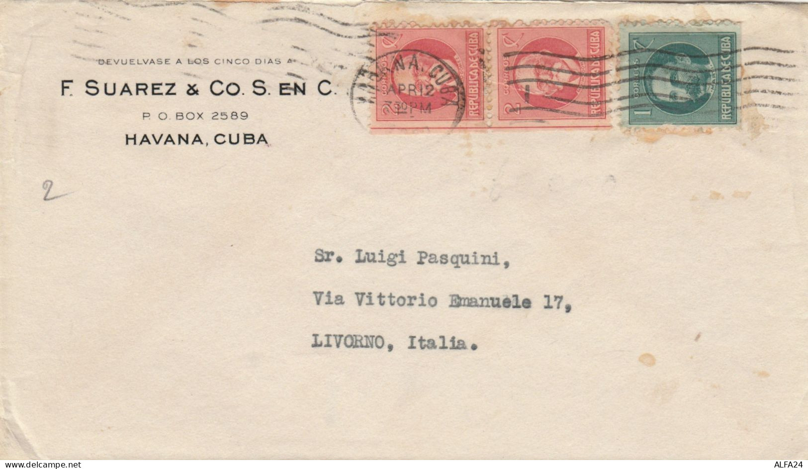 LETTERA CIRCA 1922 F.SUAREZ-CUBA TIMBRO HABANA (ZX239 - Brieven En Documenten