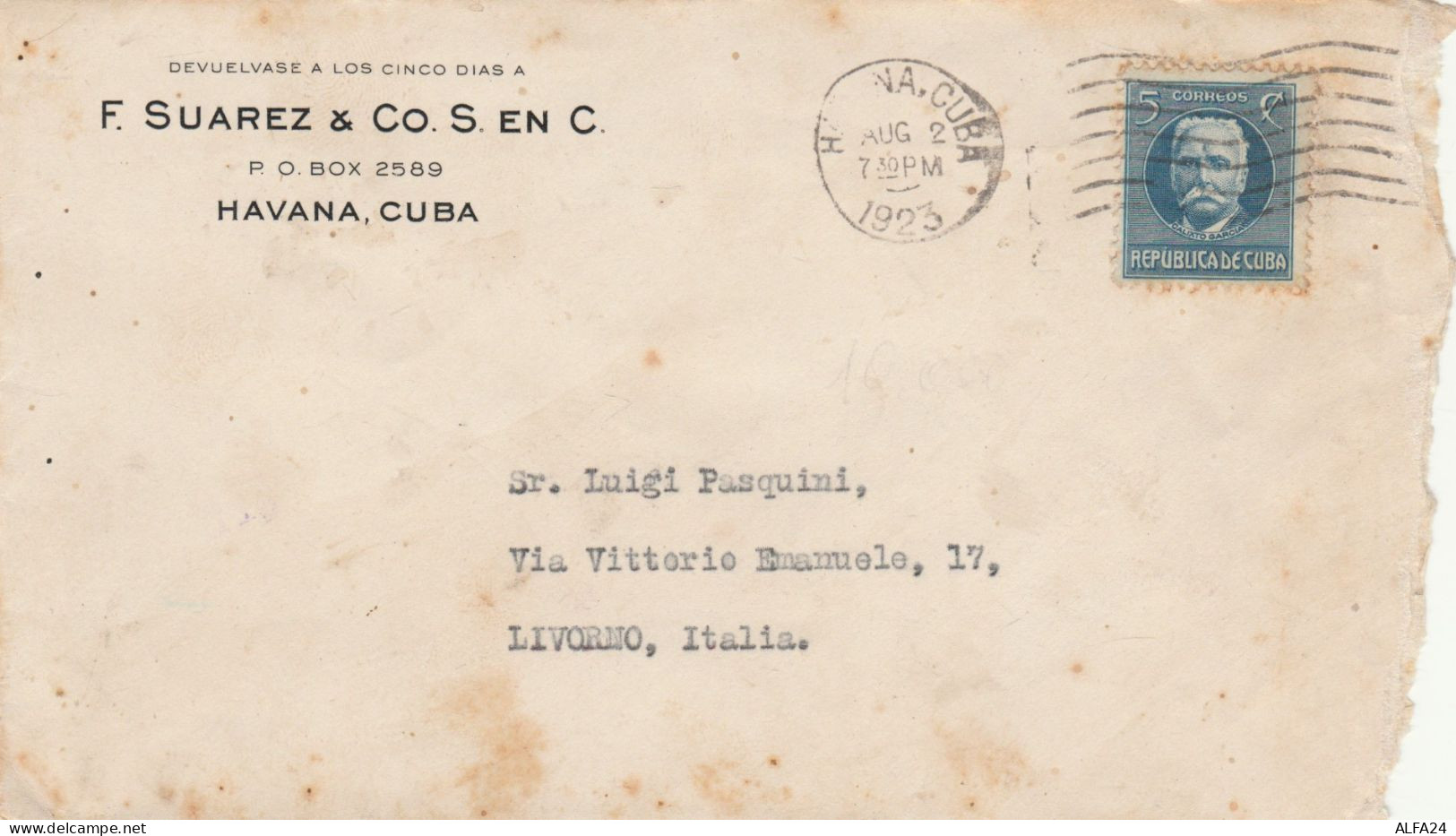 LETTERA 1921 F.SUAREZ-CUBA TIMBRO HABANA (ZX227 - Brieven En Documenten