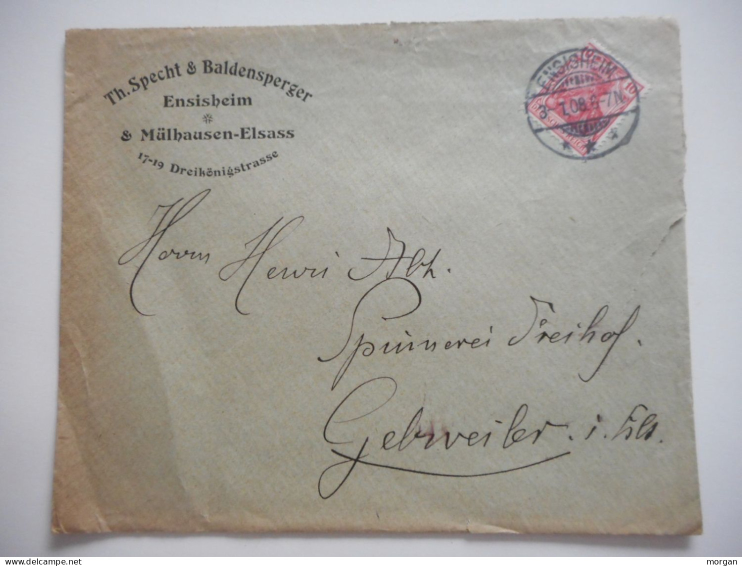 ENVELOPPE MULHOUSE POUR GUEBWILLER , COMMERCIALE 1908  TH. SPECHT ET BALDENSPERGER, ENSISHEIM, MULHOUSE - Collections (sans Albums)