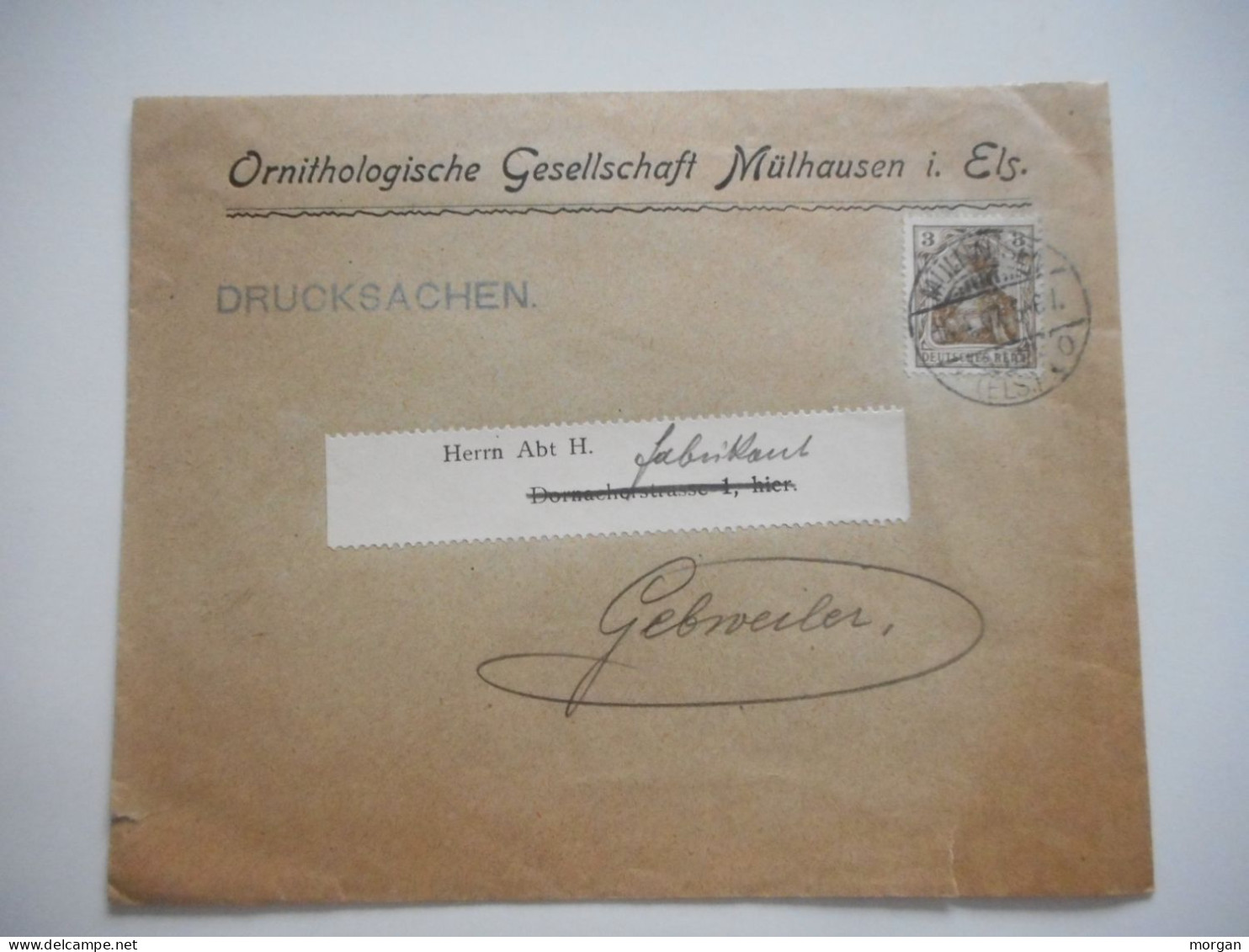 ENVELOPPE MULHOUSE POUR GUEBWILLER , COMMERCIALE 1907  ORNITHOLOGISCHE GESELLSCHAFT MULHAUSEN - Collections (sans Albums)