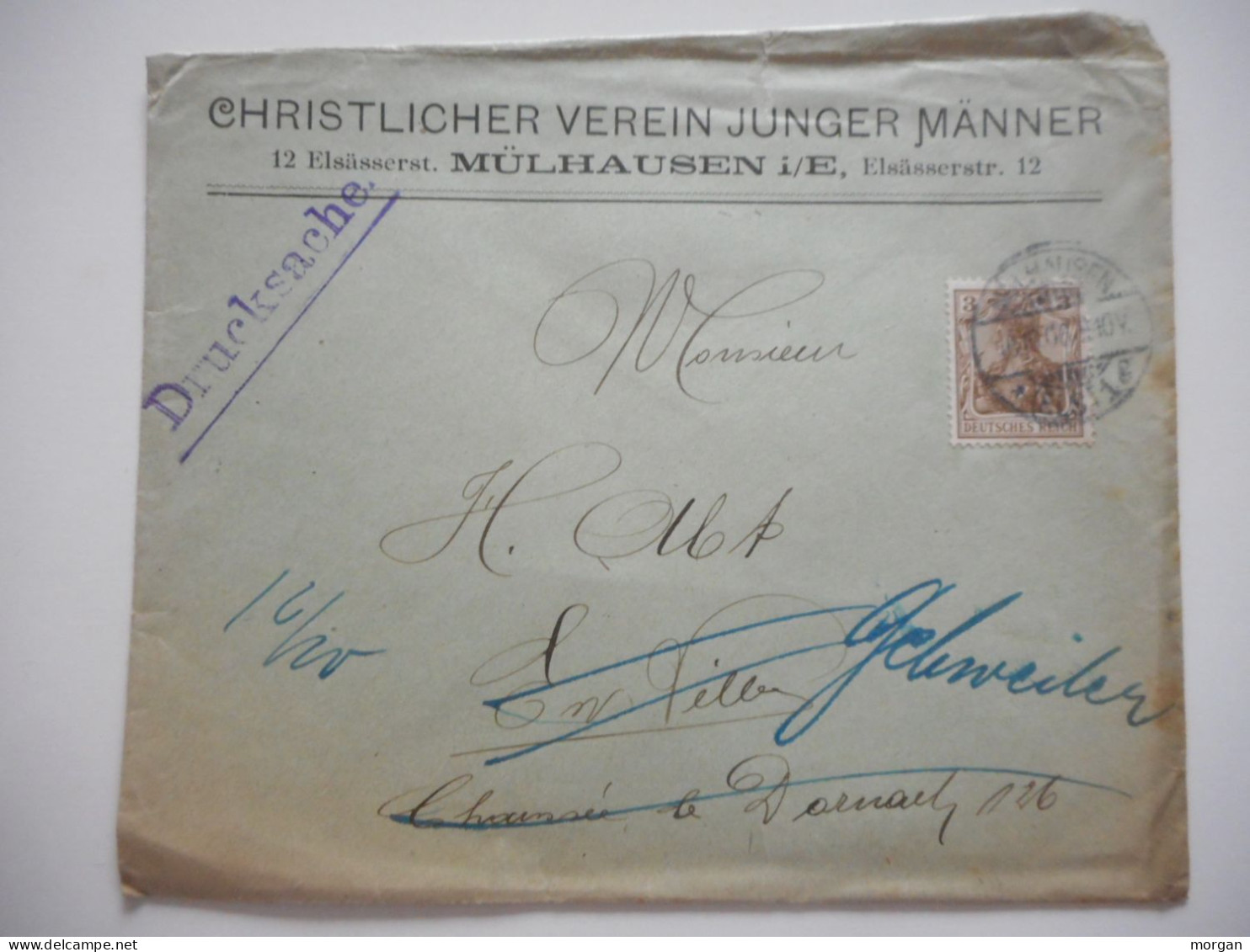ENVELOPPE MULHOUSE POUR GUEBWILLER , COMMERCIALE 1906  CHRISTLICHER VEREIN JUNGER MANNER - Collections (sans Albums)