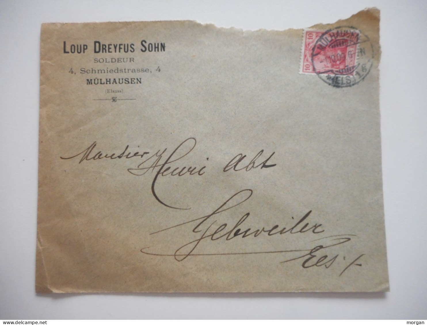 ENVELOPPE MULHOUSE POUR GUEBWILLER , COMMERCIALE 1909  LOUP DREYFUS SOHN, SOLDEUR - Collections (sans Albums)