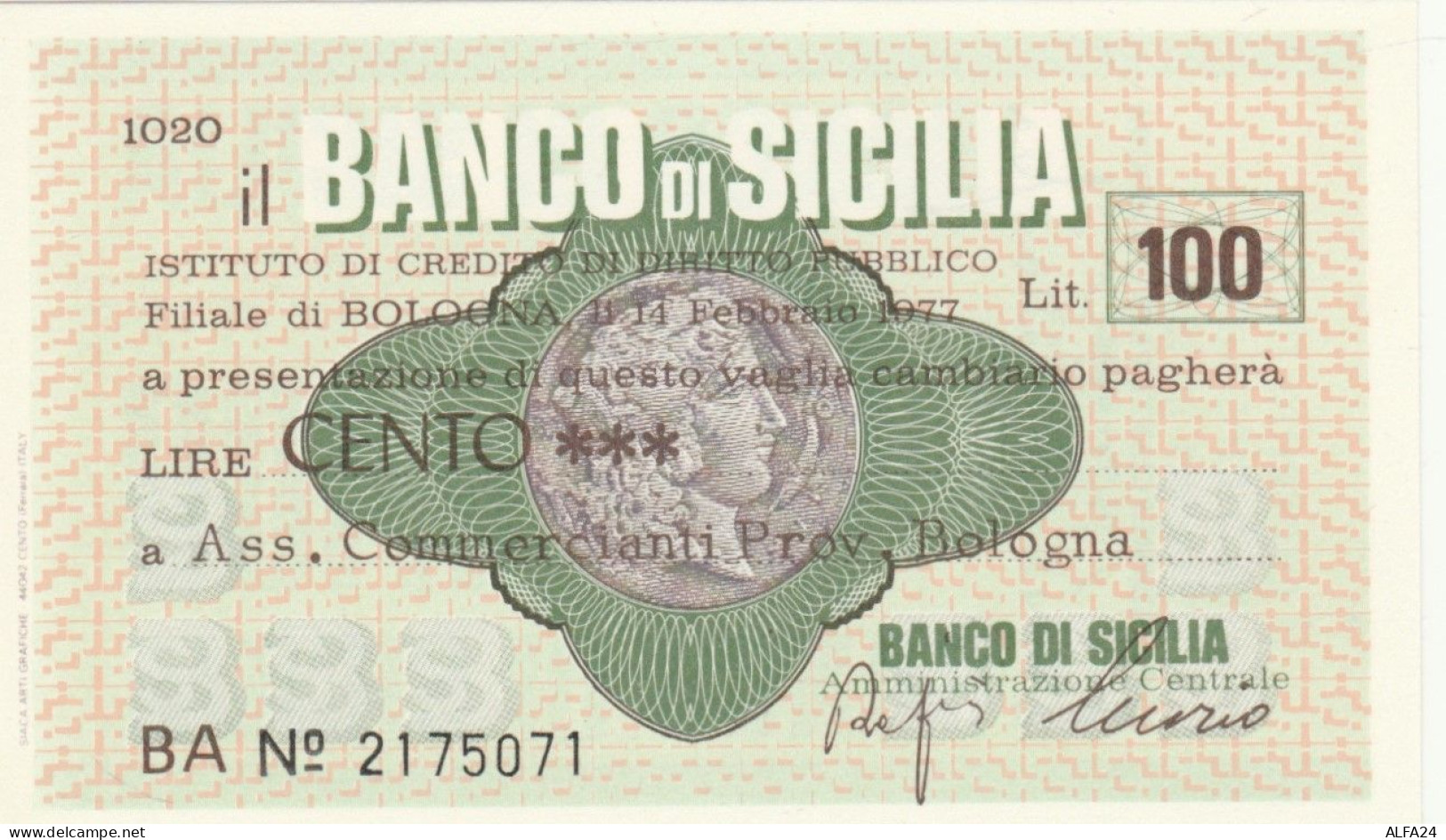 MINIASSEGNO FDS BANCO DI SICILIA L.100 ASS COMM BO (ZY820 - [10] Assegni E Miniassegni