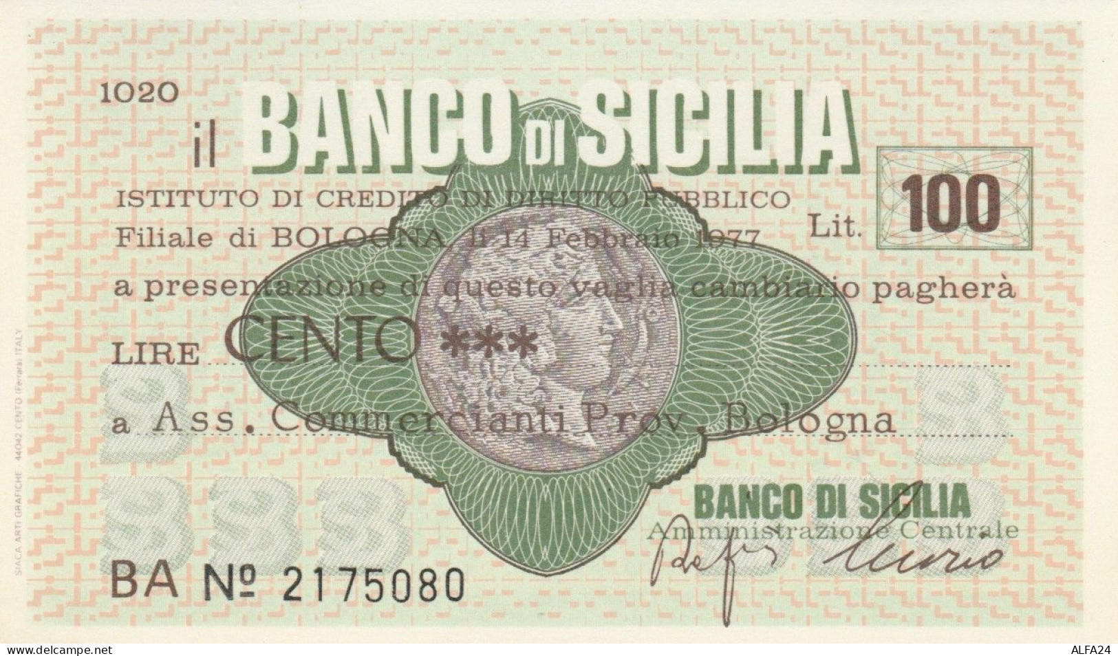 MINIASSEGNO FDS BANCO DI SICILIA L.100 ASS COMM BO (ZY818 - [10] Assegni E Miniassegni