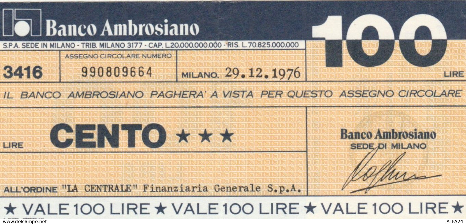 MINIASSEGNO CIRCOLATO BANCO AMBROSIANO L.100 LA CENTRALE (ZY957 - [10] Assegni E Miniassegni