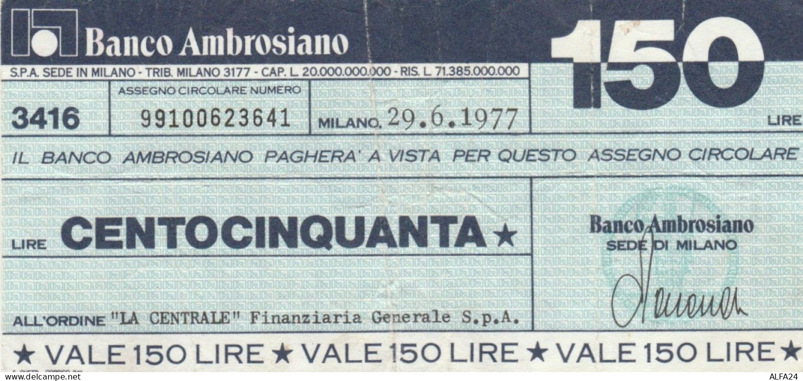 MINIASSEGNO CIRCOLATO BANCO AMBROSIANO L.150 LA CENTRALE (ZY958 - [10] Assegni E Miniassegni