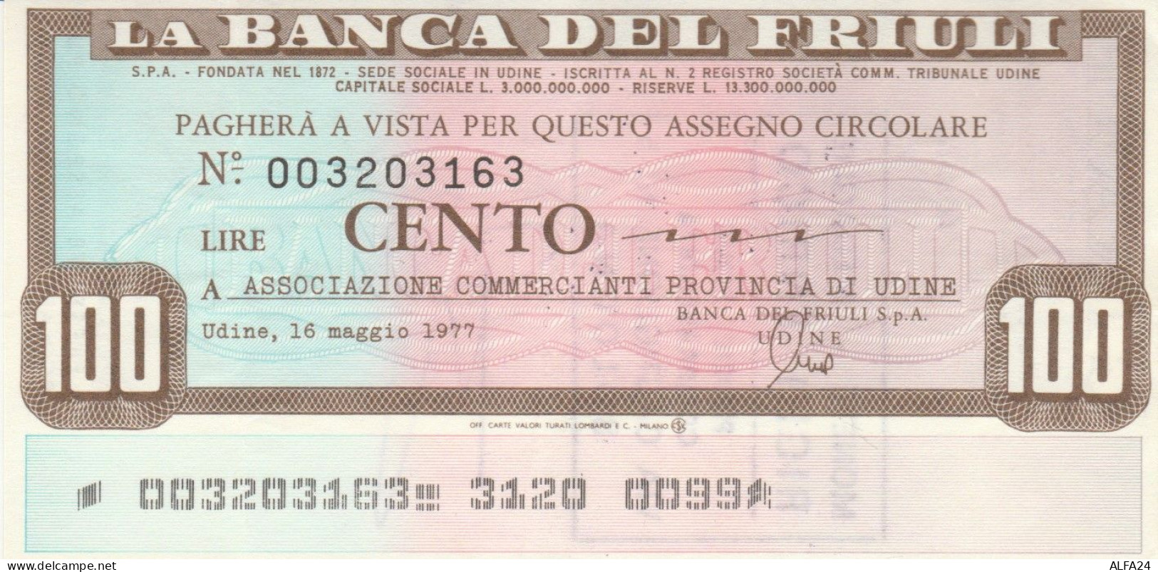 MINIASSEGNO CIRCOLATO BANCA DEL FRIULI L.100 ASS COMM UD (ZY951 - [10] Assegni E Miniassegni