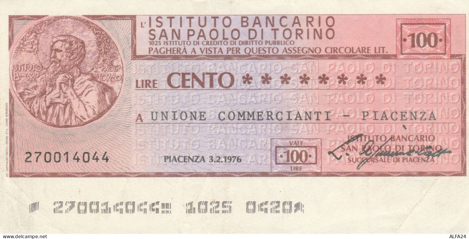 MINIASSEGNO CIRCOLATO IST BANCARIO SAN PAOLO TO L.100 UN COMM PC (ZY950 - [10] Assegni E Miniassegni