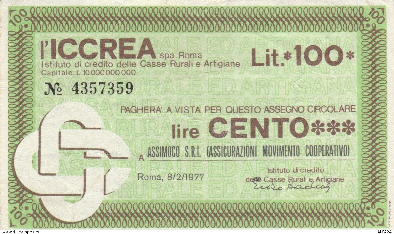 MINIASSEGNO CIRCOLATO ICCREA L.100 ASSIMOCO (ZY947 - [10] Assegni E Miniassegni