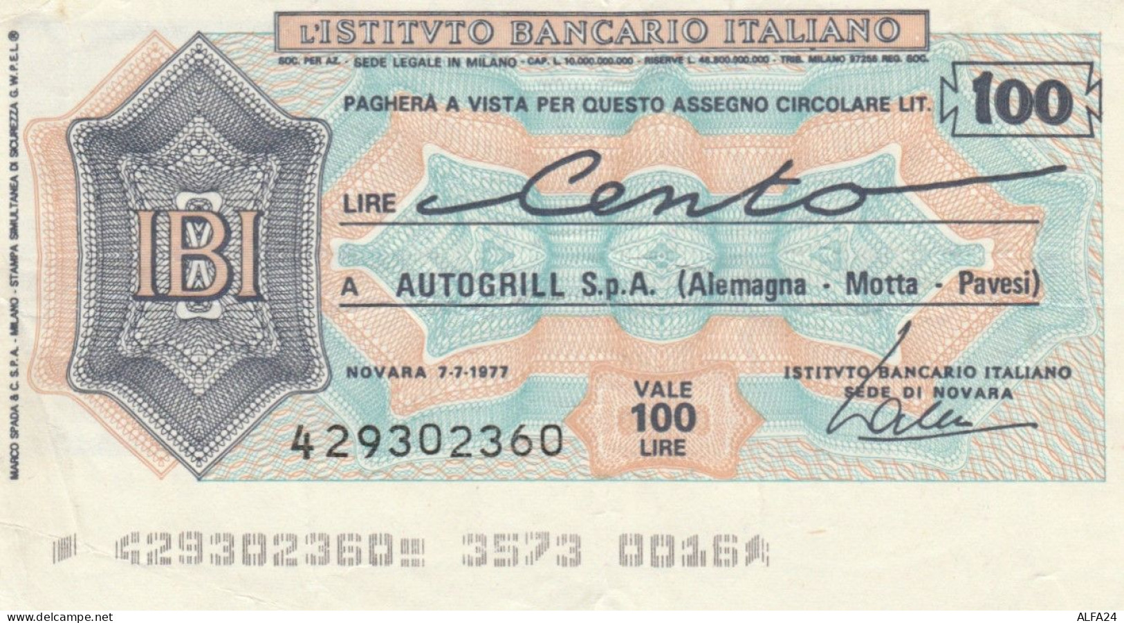 MINIASSEGNO CIRCOLATO IST BANCARIO ITALIANO L.100 AUTOGRILL (ZY937 - [10] Assegni E Miniassegni