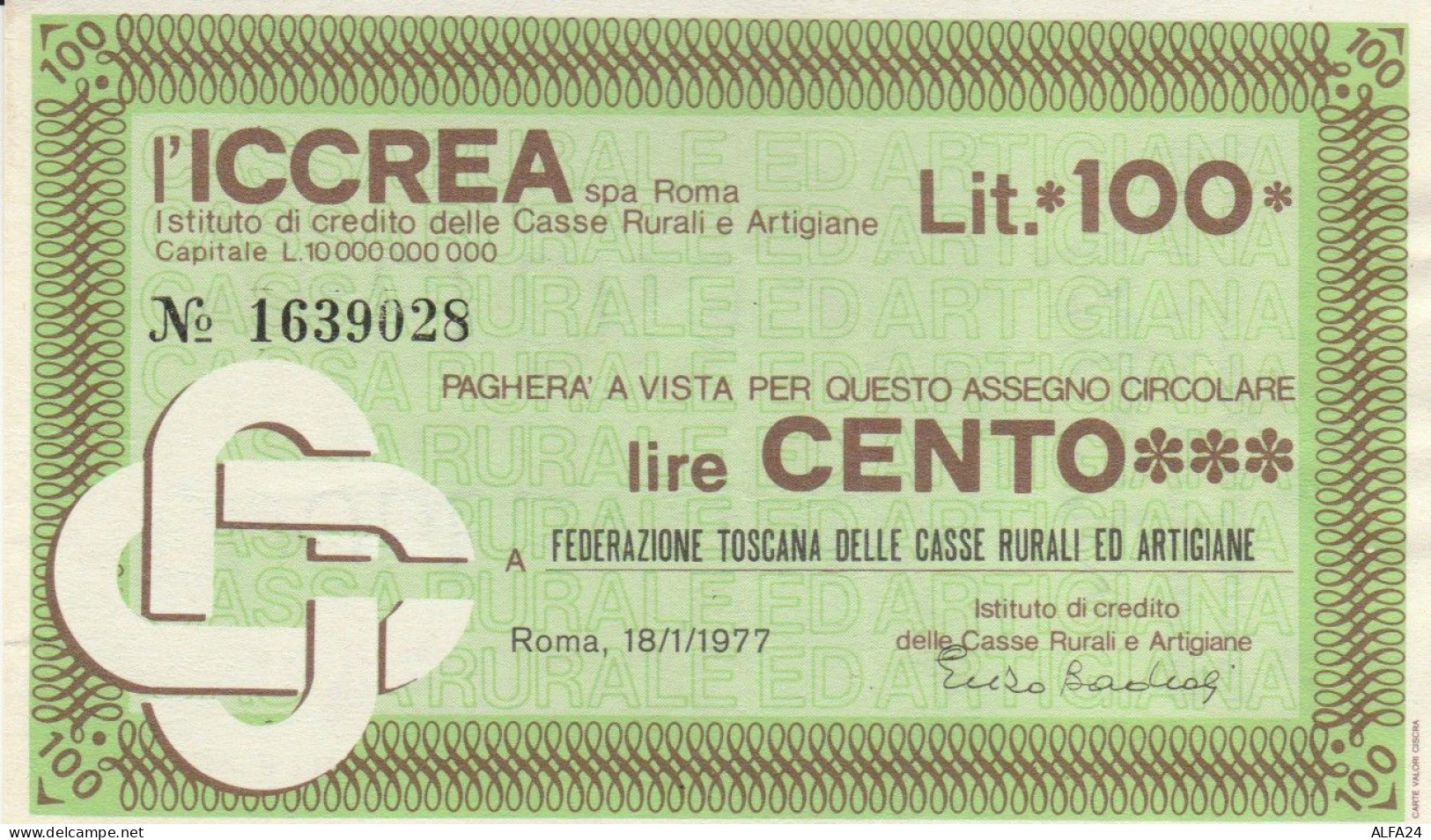 MINIASSEGNO CIRCOLATO ICCREA L.100 FED TOSCANA CASSE RURALI (ZY943 - [10] Assegni E Miniassegni