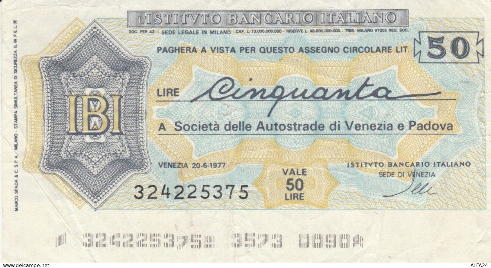 MINIASSEGNO CIRCOLATO IST BANCARIO ITALIANO L.50 AUTOSTRADE (ZY935 - [10] Assegni E Miniassegni