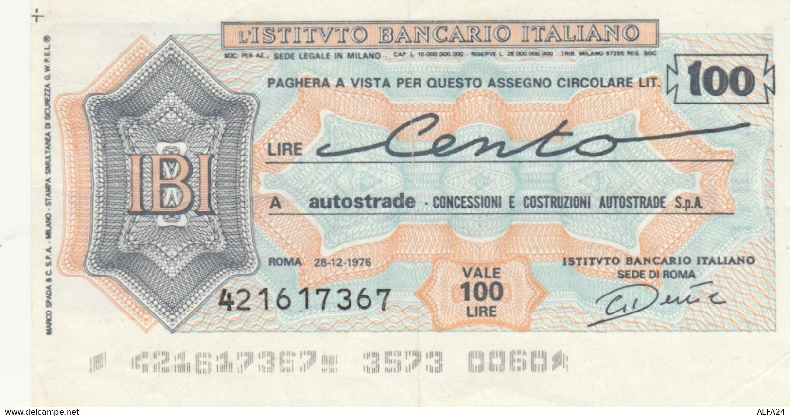 MINIASSEGNO CIRCOLATO IST BANCARIO ITALIANO L.100 AUTOSTRADE (ZY936 - [10] Assegni E Miniassegni